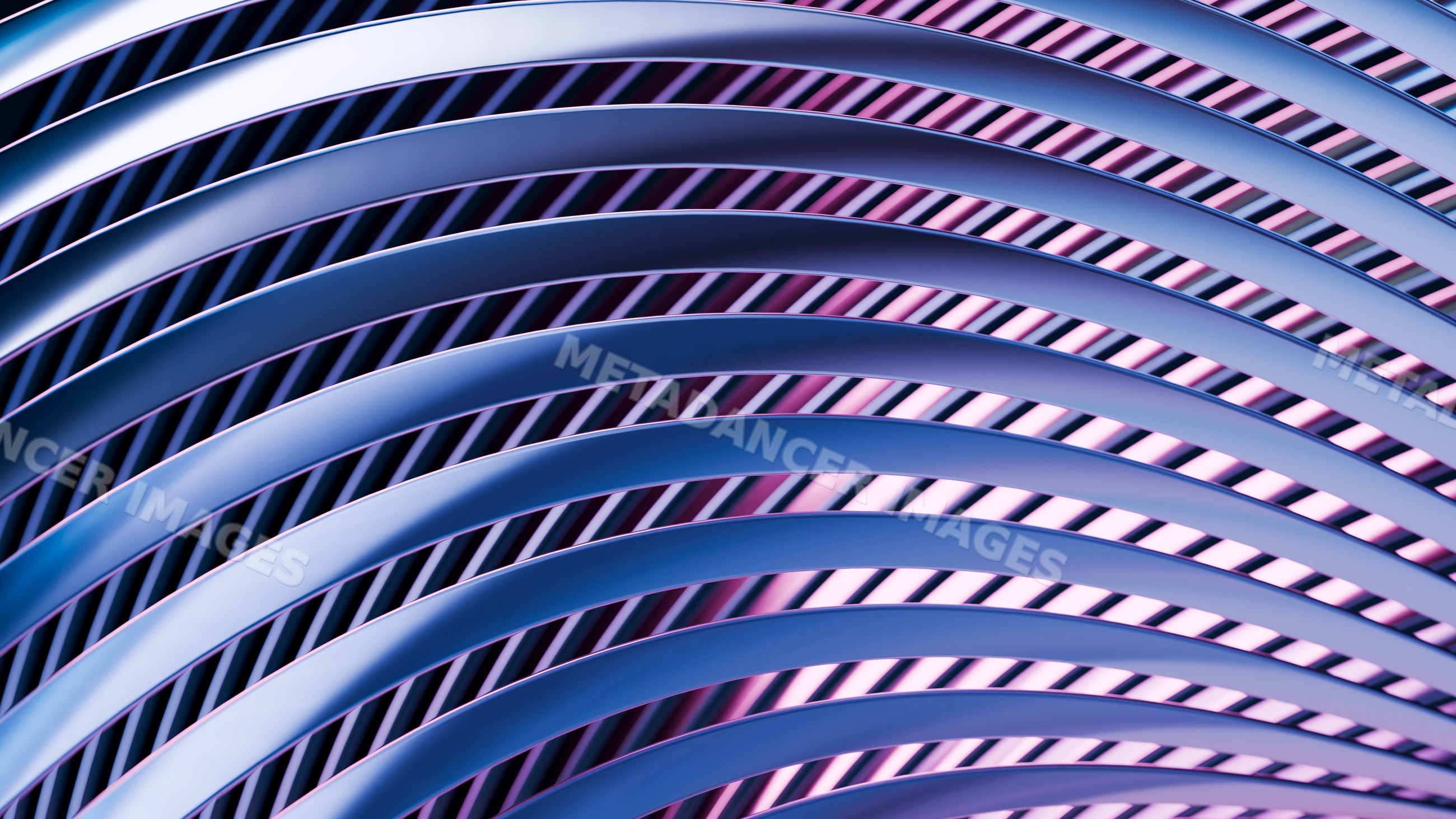 Curved blue metal architectural structure with repeating lines