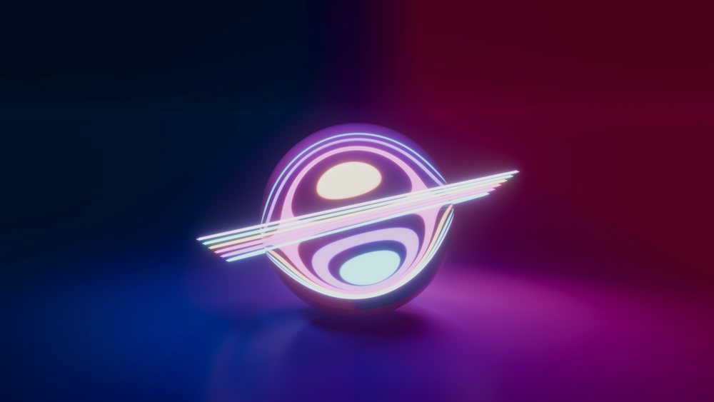 Glowing neon sphere with vibrant colorful light rings