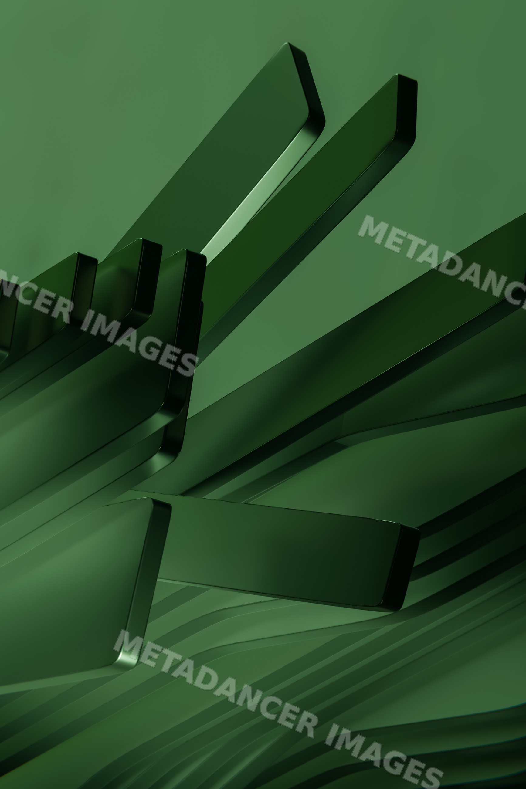 Abstract 3d green shiny metallic bars and rectangles background render