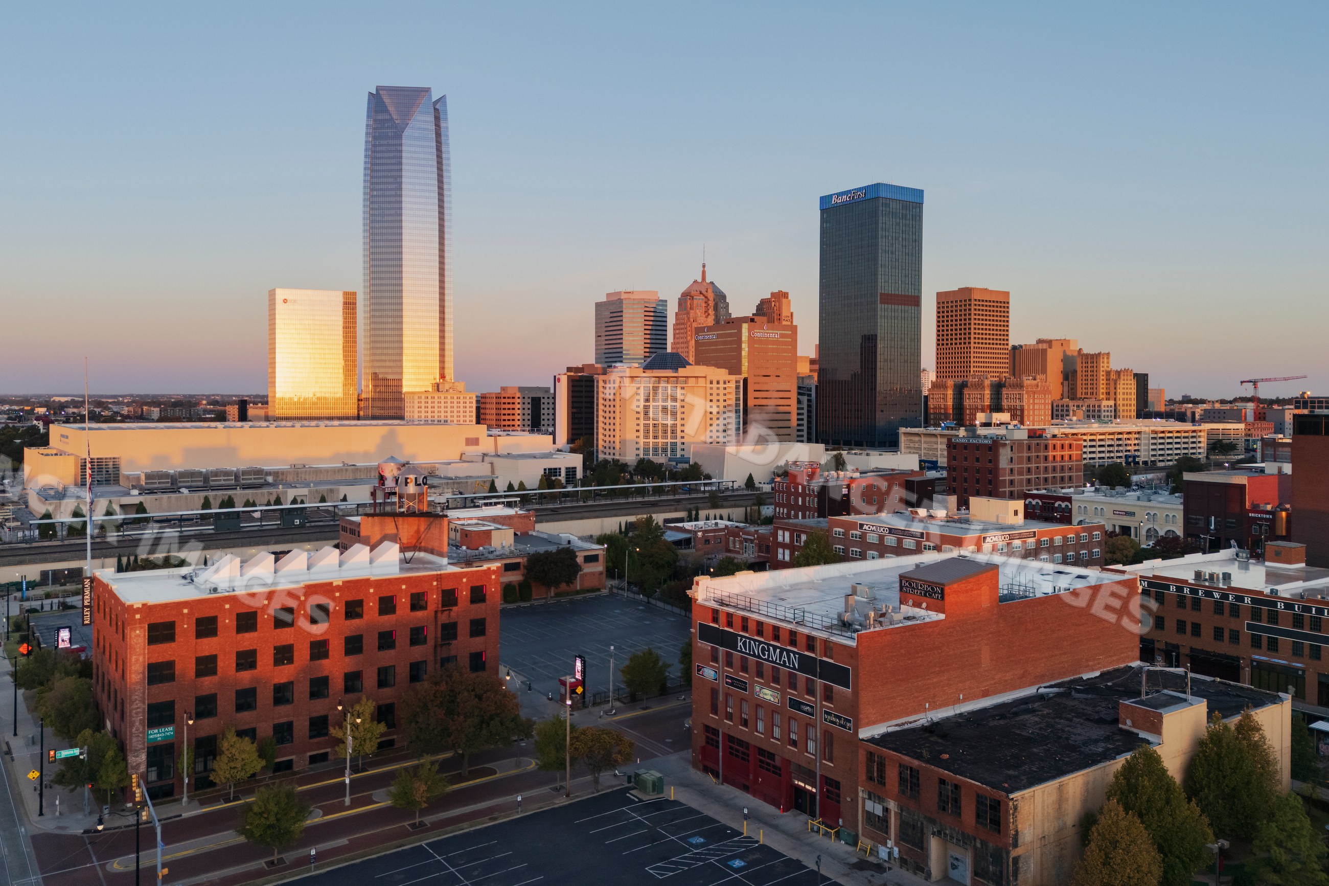 Oklahoma city skyline at Sunrise with downtown buildings and clear sky