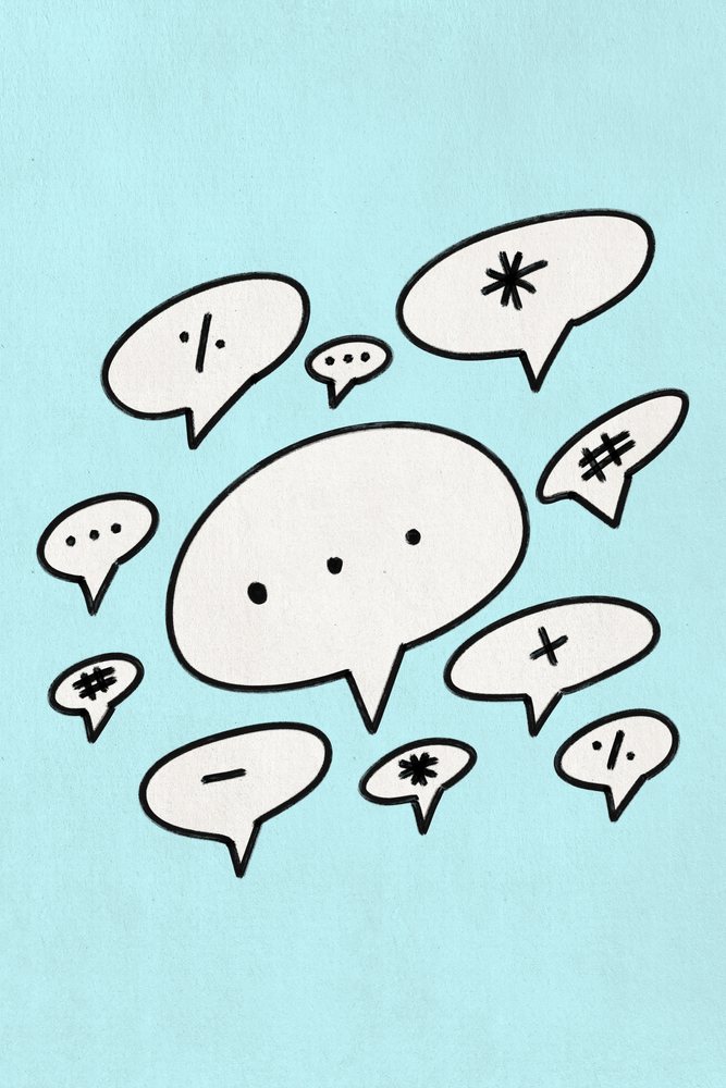 Illustration of speech bubbles with symbols on a blue background