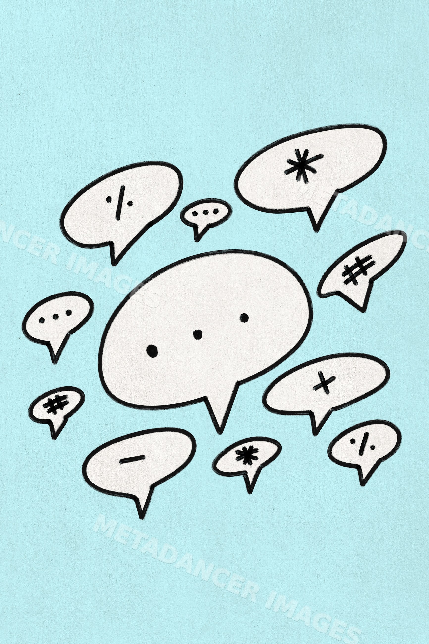 Illustration of speech bubbles with symbols on a blue background