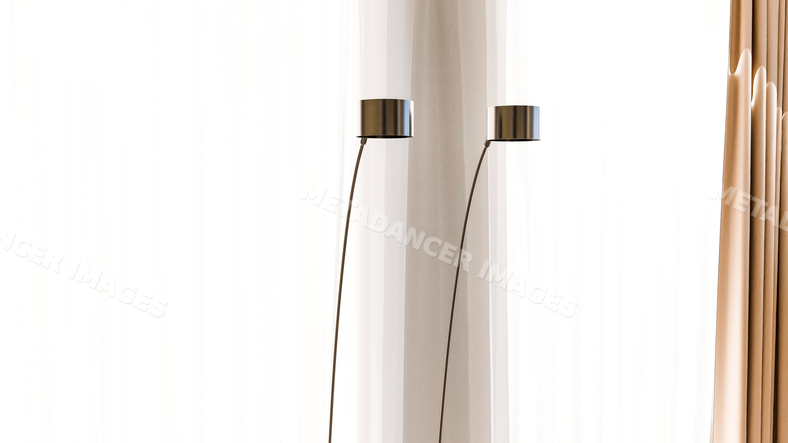 Two modern metal floor lamps with shades indoors by curtains