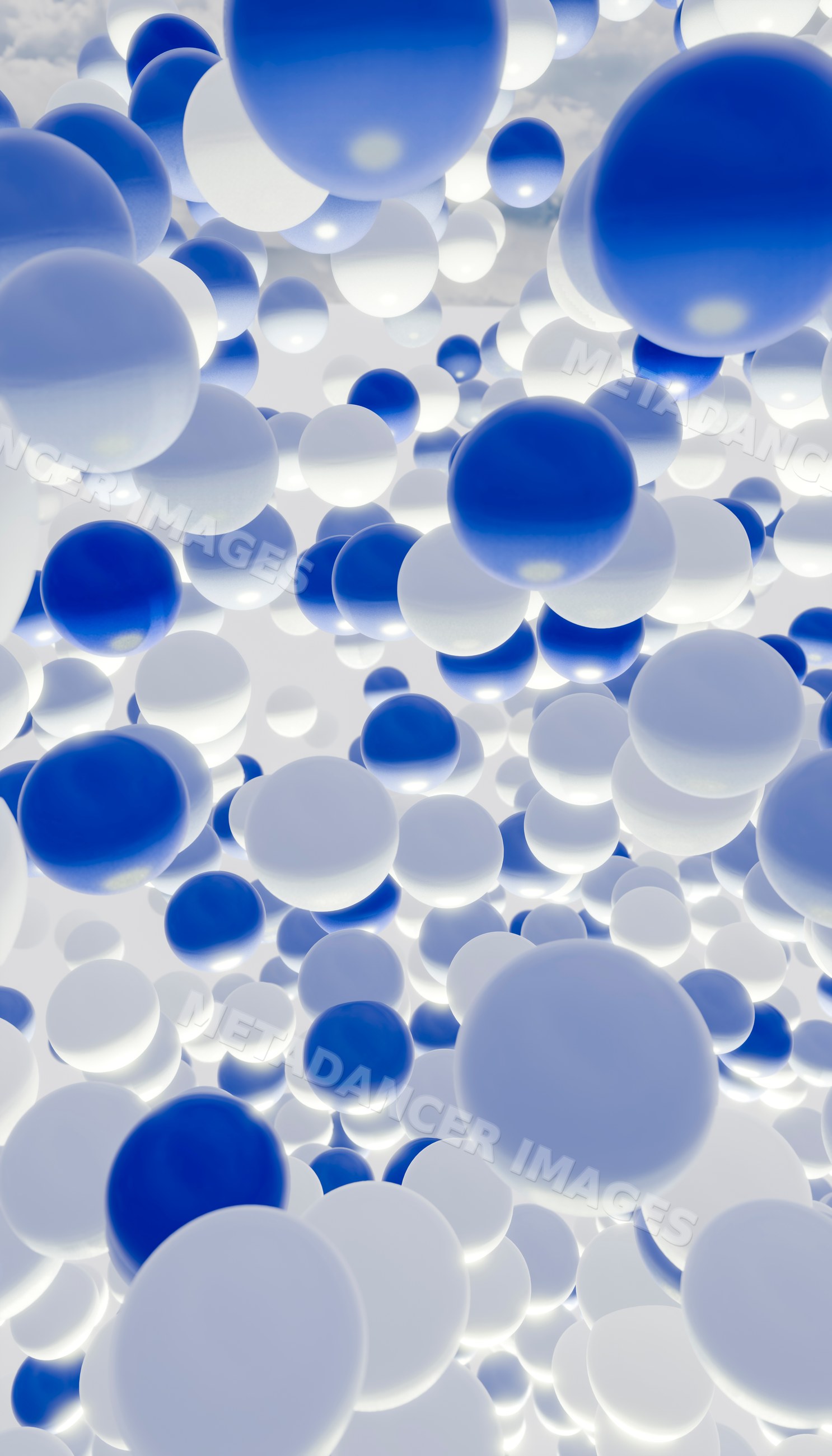 A digital illustration of floating blue and white glowing spheres