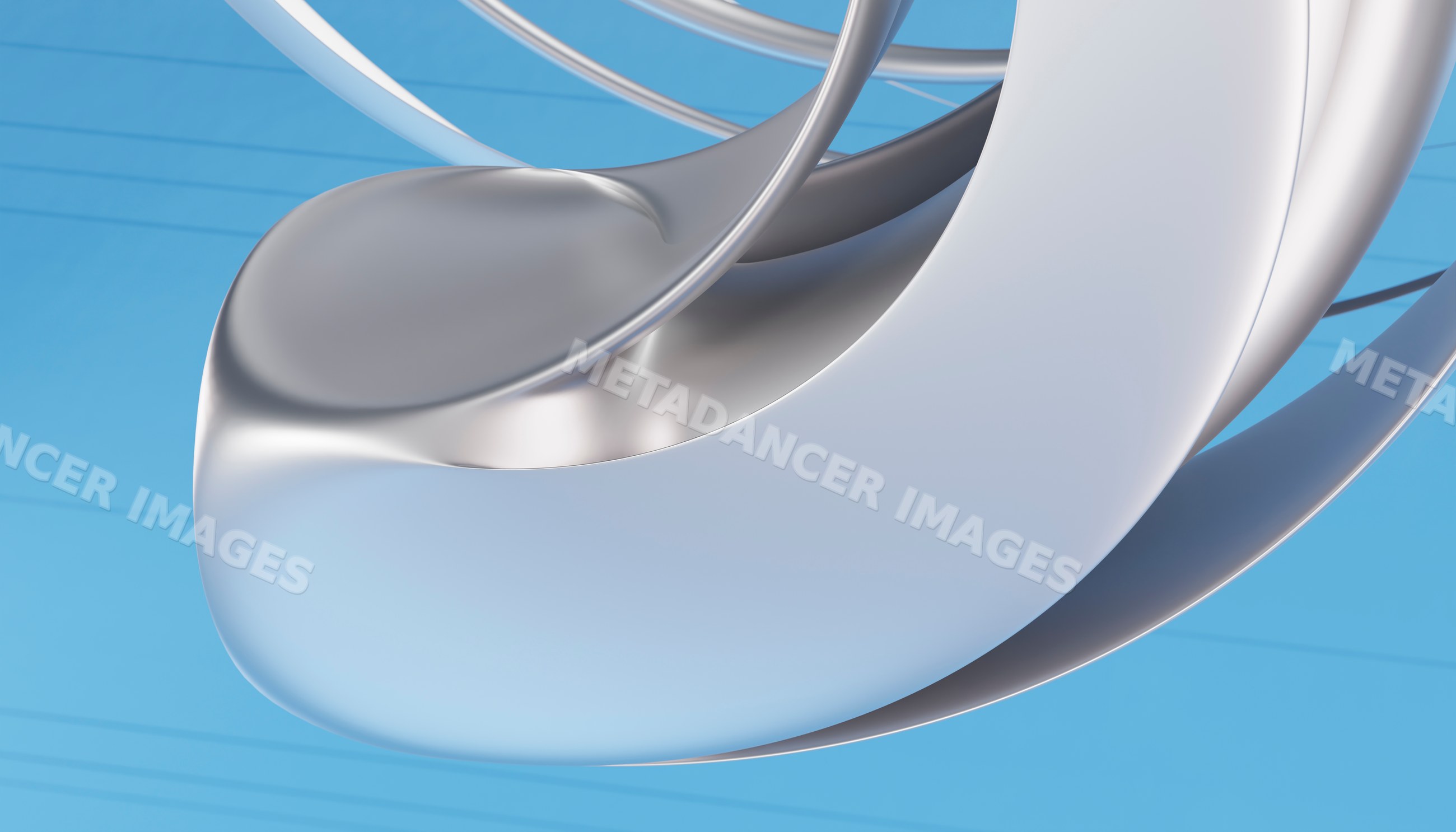 Metallic abstract sculpture with smooth curves on blue background