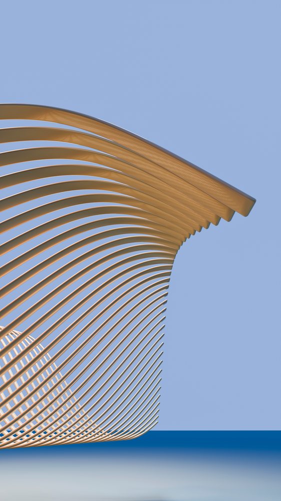 Abstract curved wooden sculpture with blue sky background