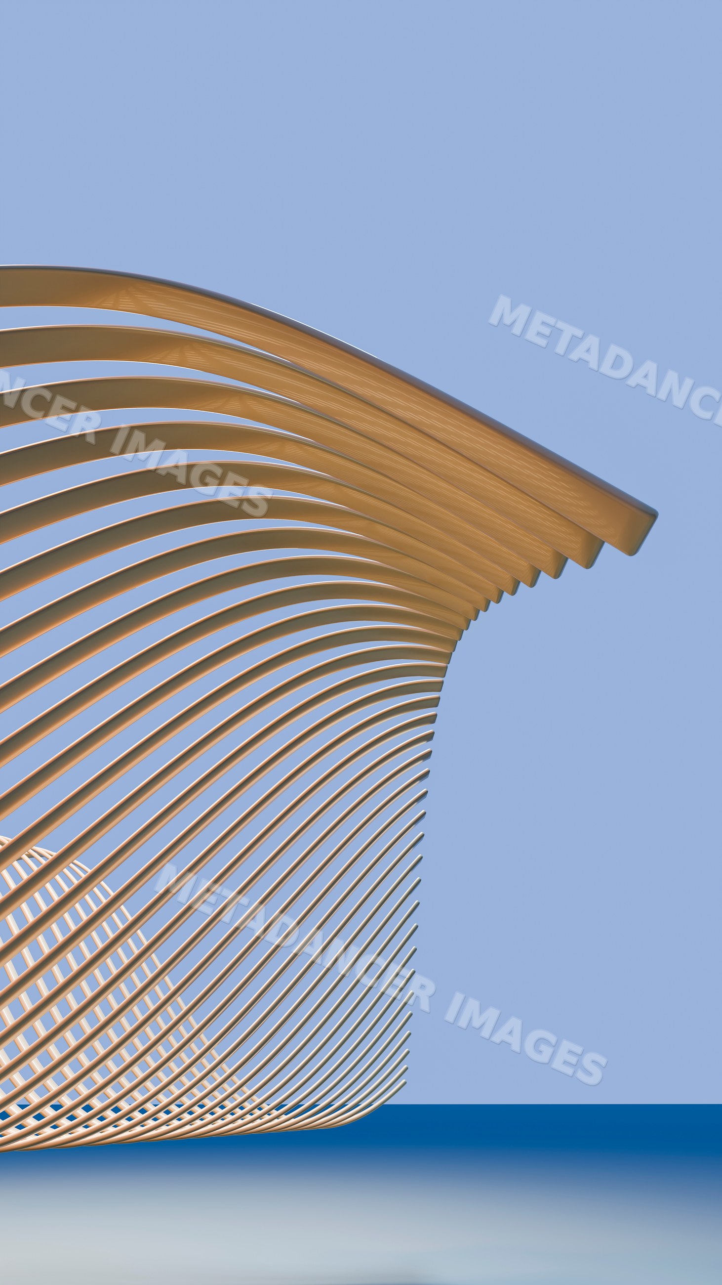 Abstract curved wooden sculpture with blue sky background