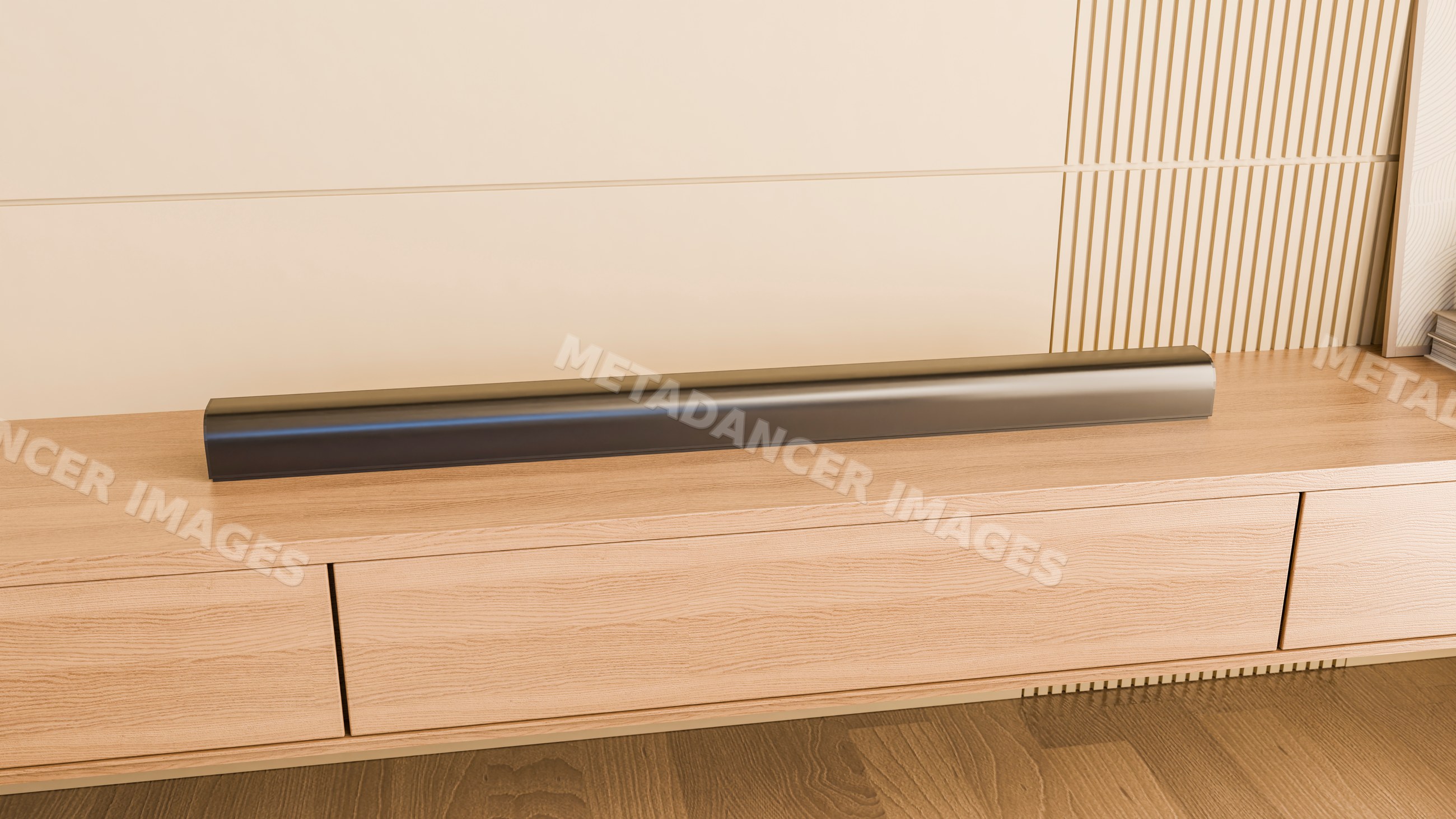 Soundbar on wooden cabinet in modern living room interior