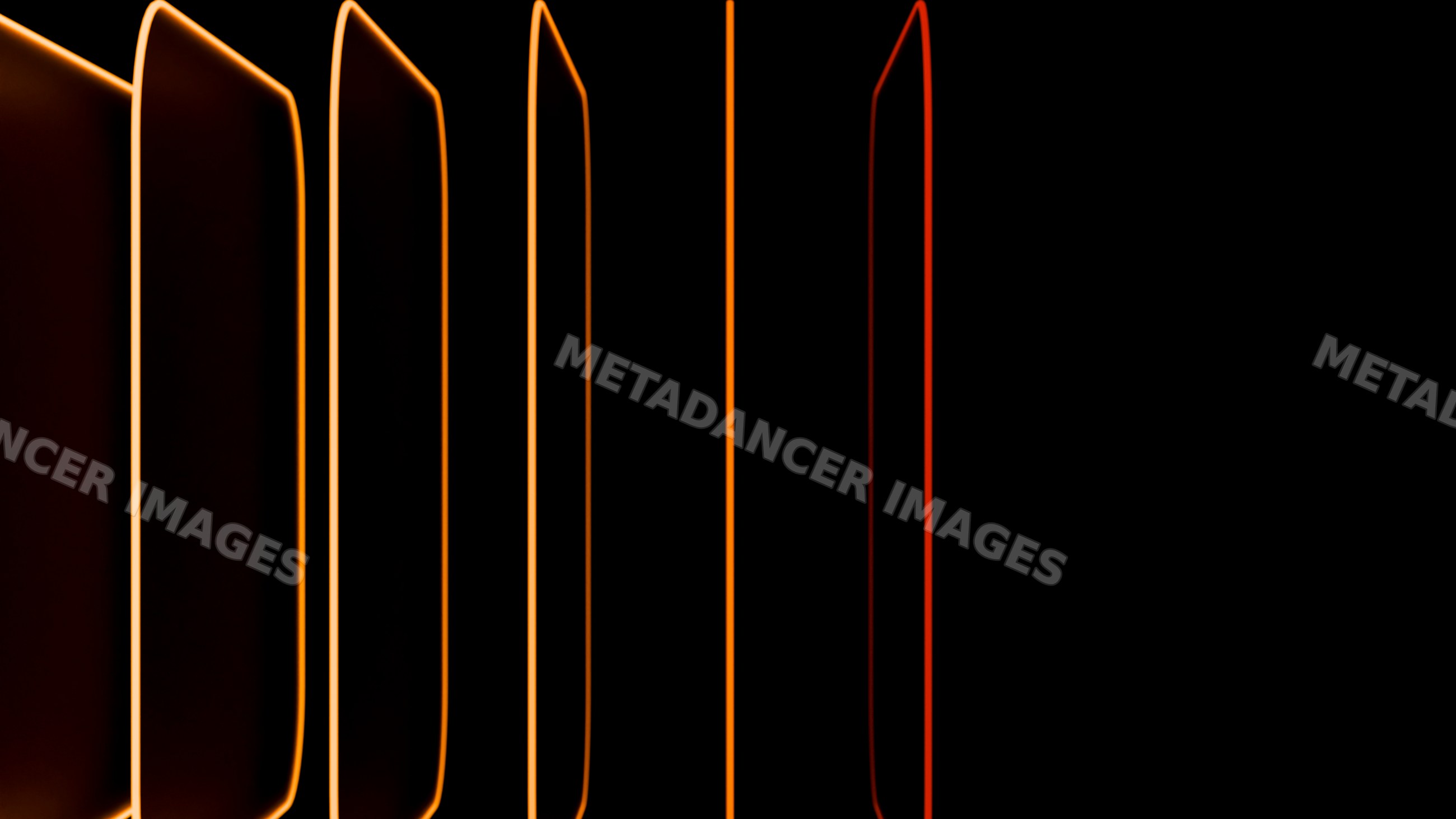 Vertical glowing orange panels with neon edges and dark backdrop