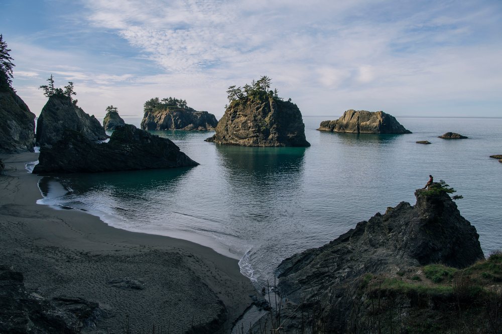 Rock formations and sea stacks along coastline