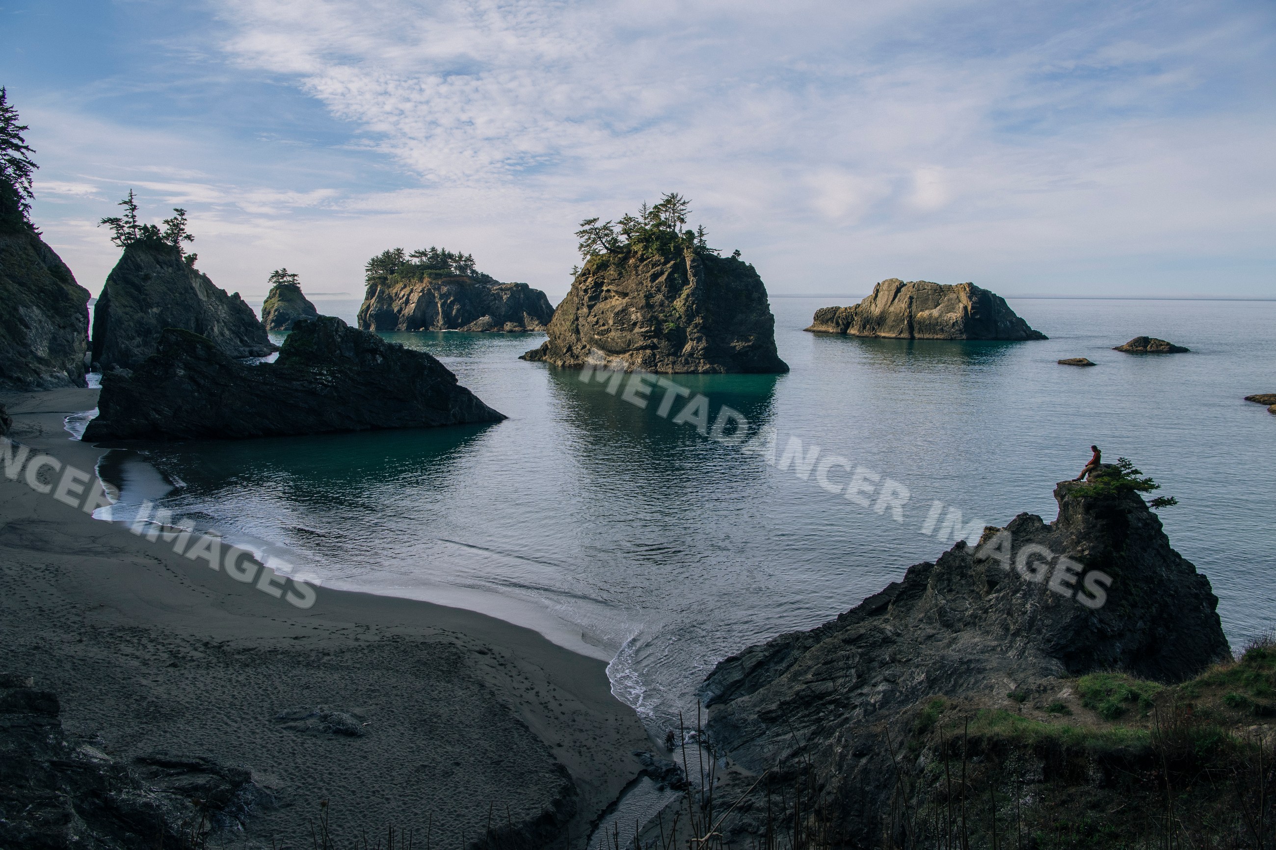 Rock formations and sea stacks along coastline