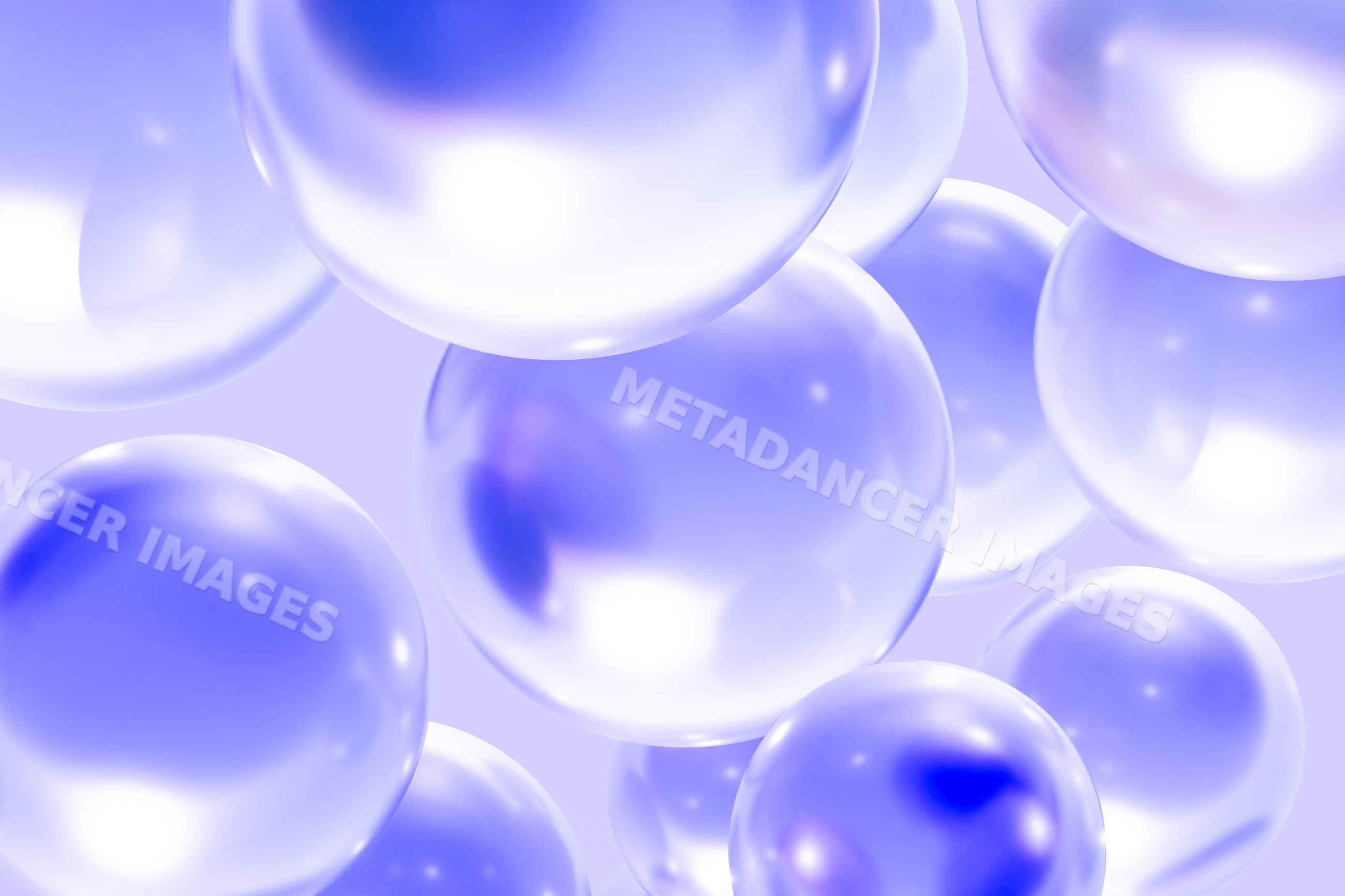 Transparent purple abstract spheres floating on lavender background