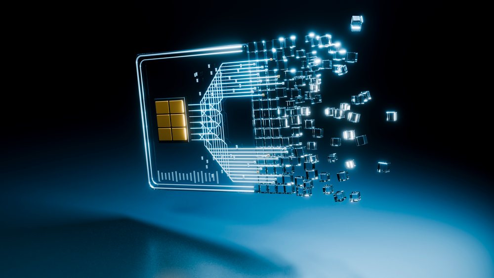 Glowing digital chip card breaking into data fragments illustration