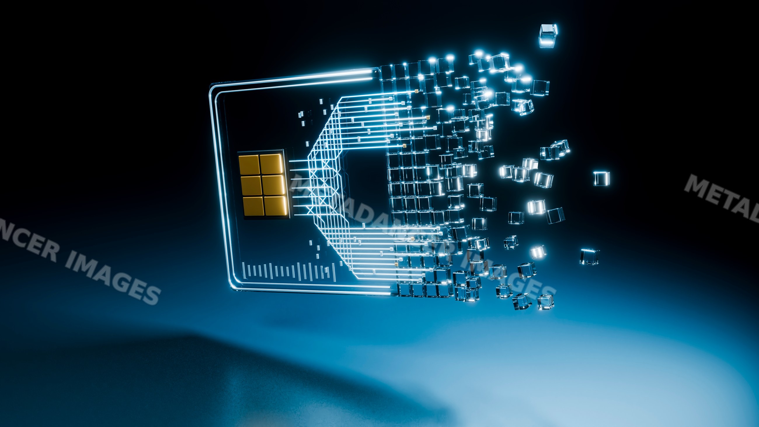 Glowing digital chip card breaking into data fragments illustration
