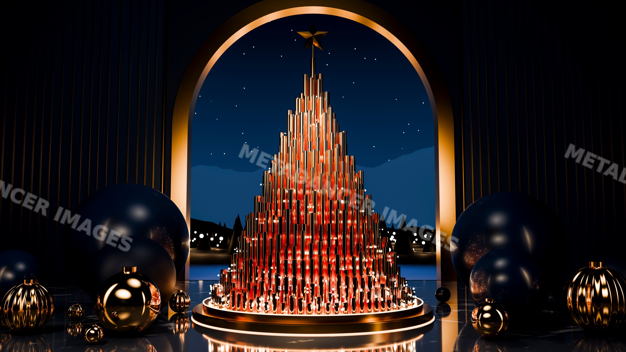 Metallic christmas tree with star and spherical decorations