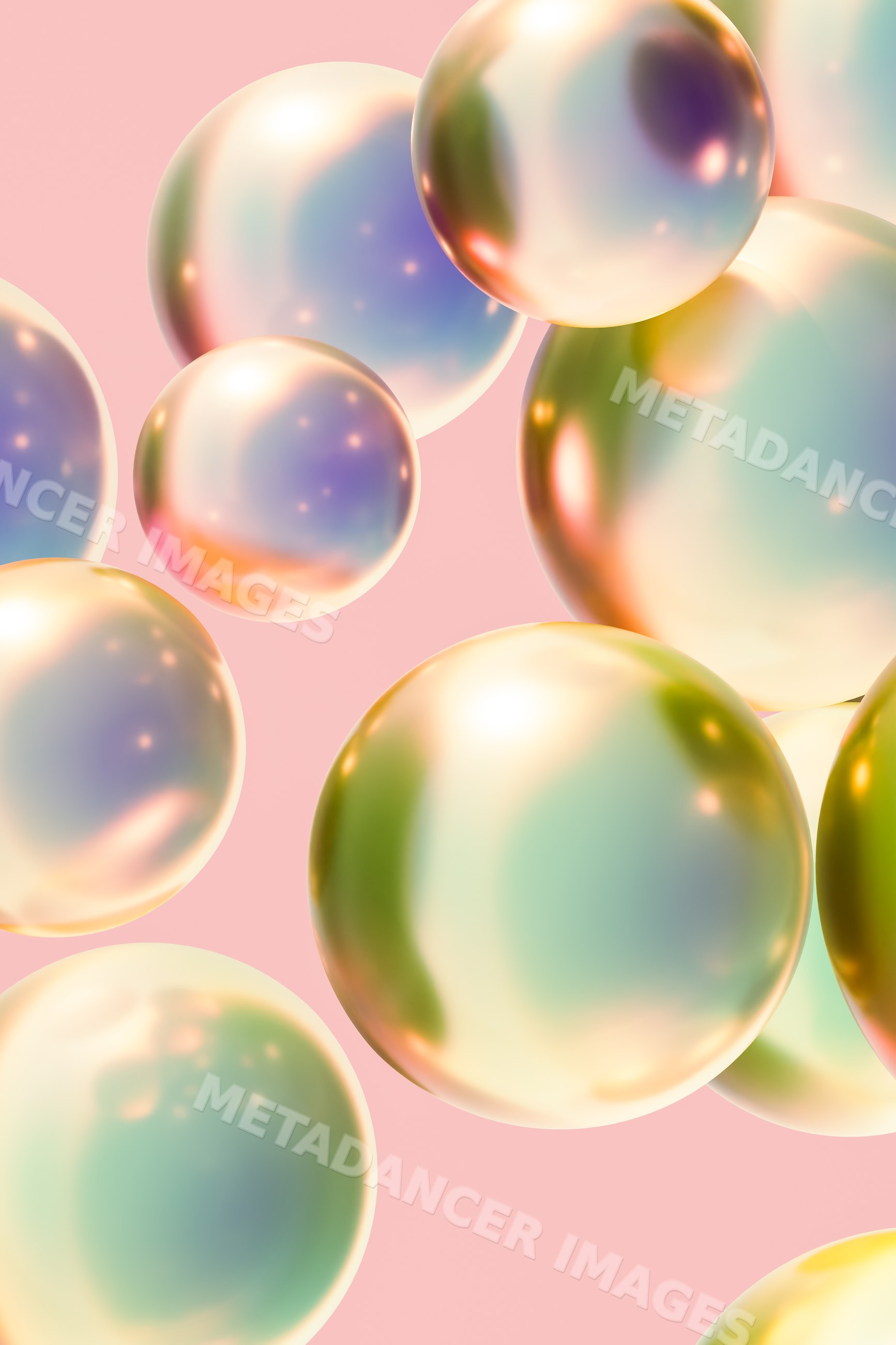 Floating iridescent pearl-like spheres with pastel light reflections