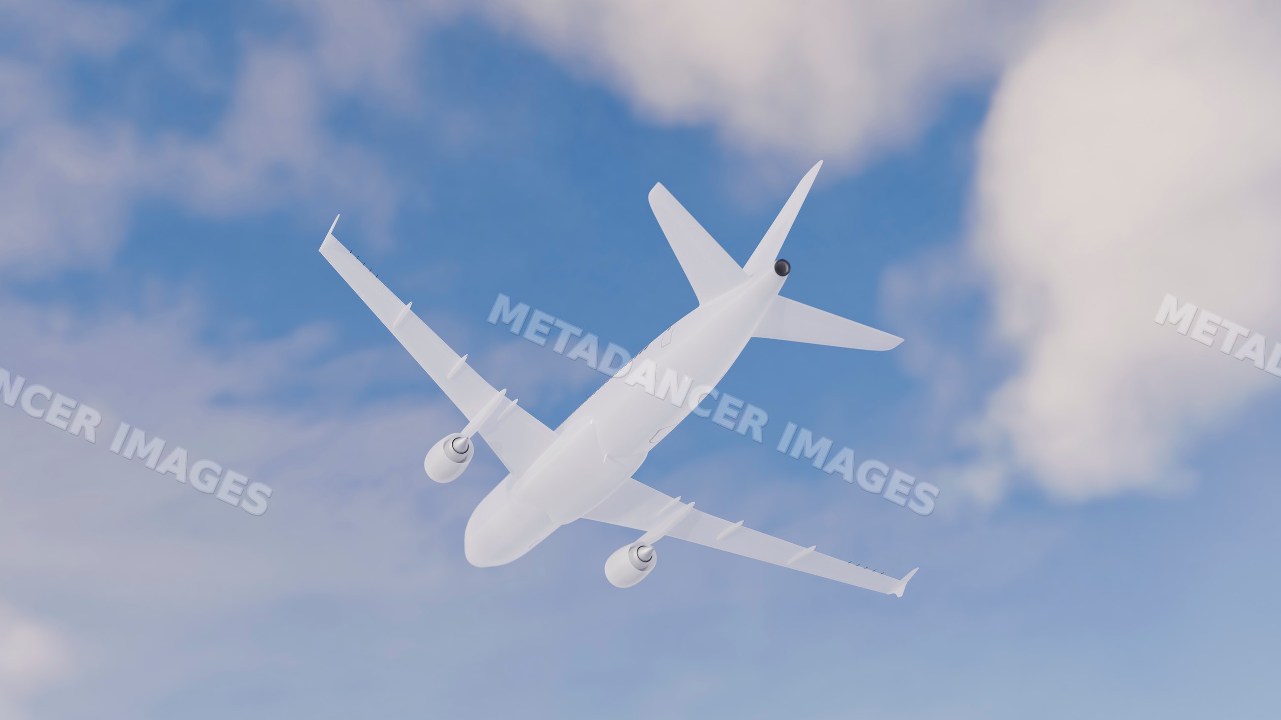 White commercial airplane flying in blue sky with clouds