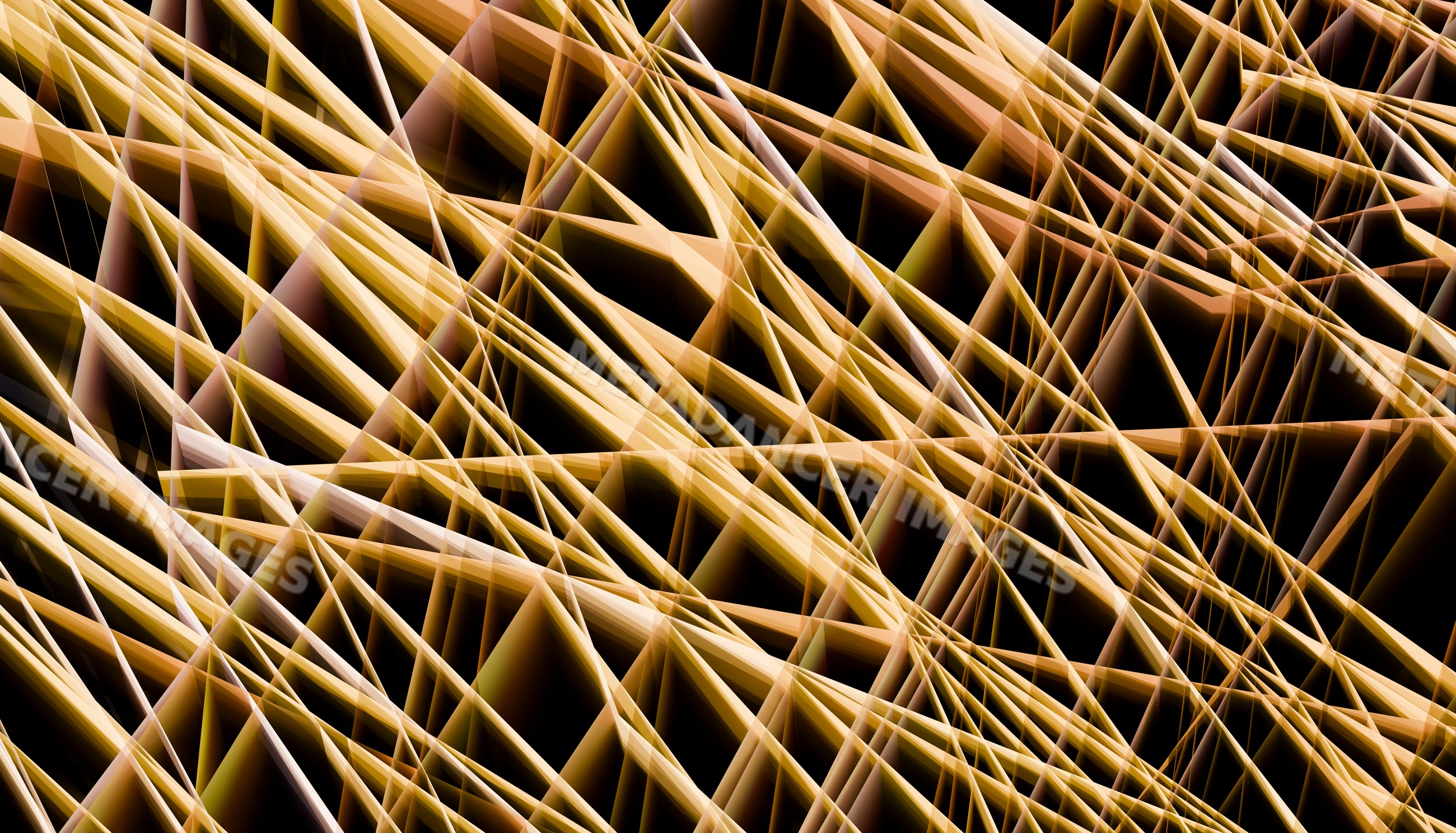 An abstract digital artwork with intersecting golden linear patterns