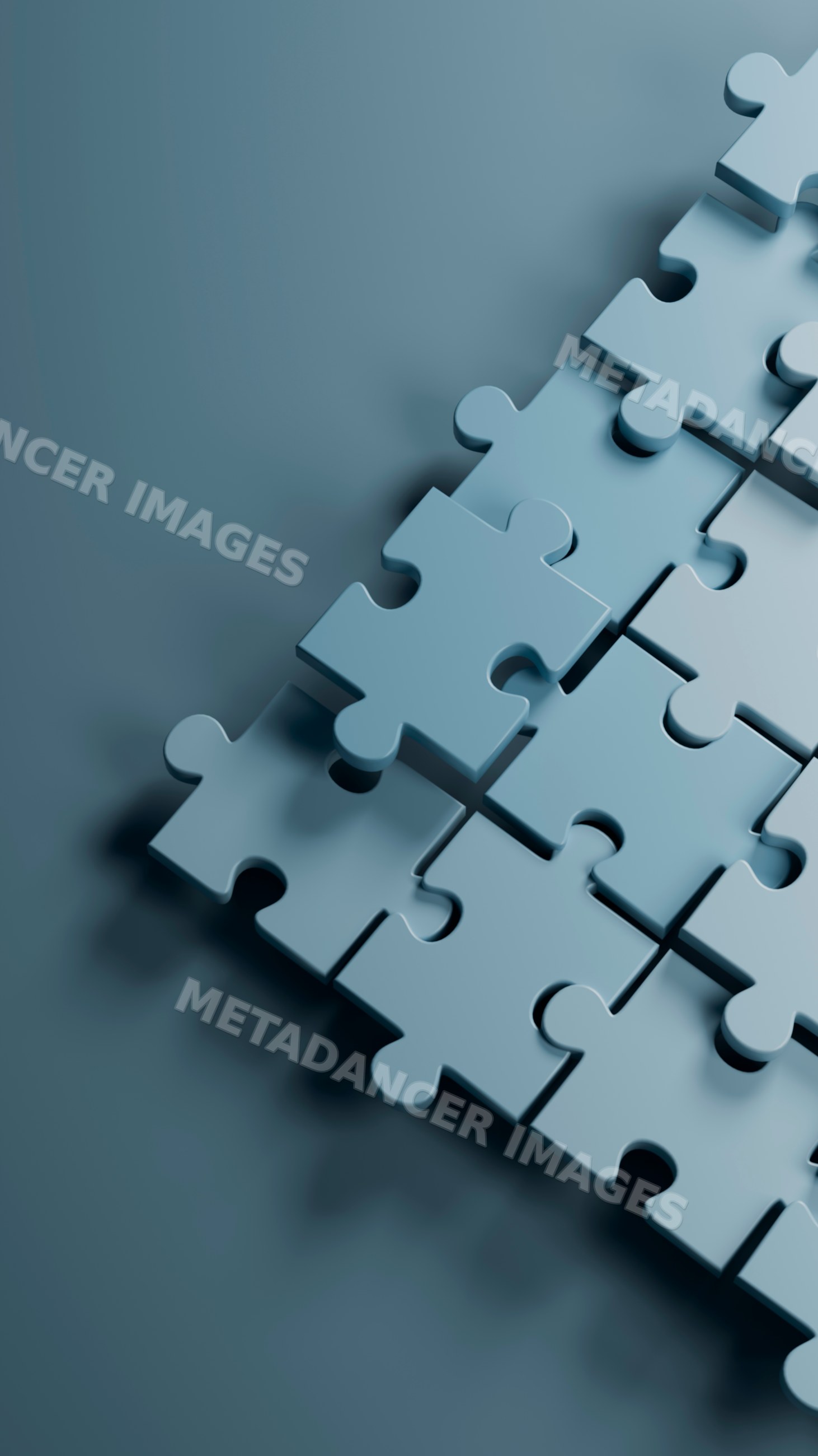 Blue three-dimensional puzzle pieces with one piece lifted
