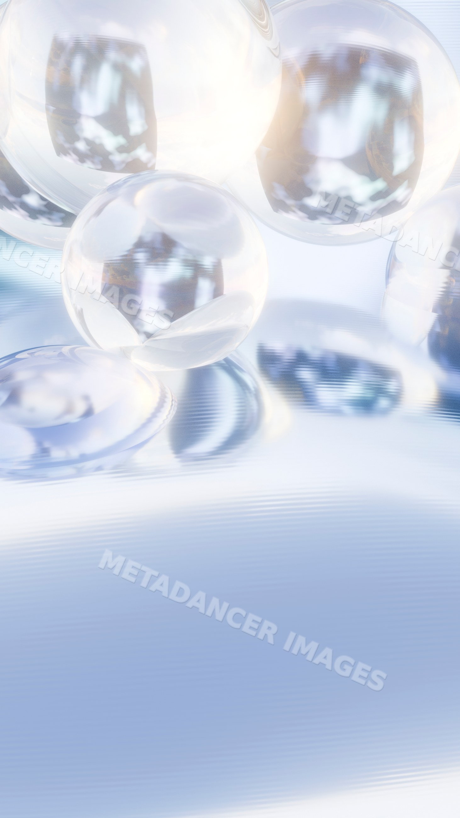 Transparent glass spheres on reflective smooth surface