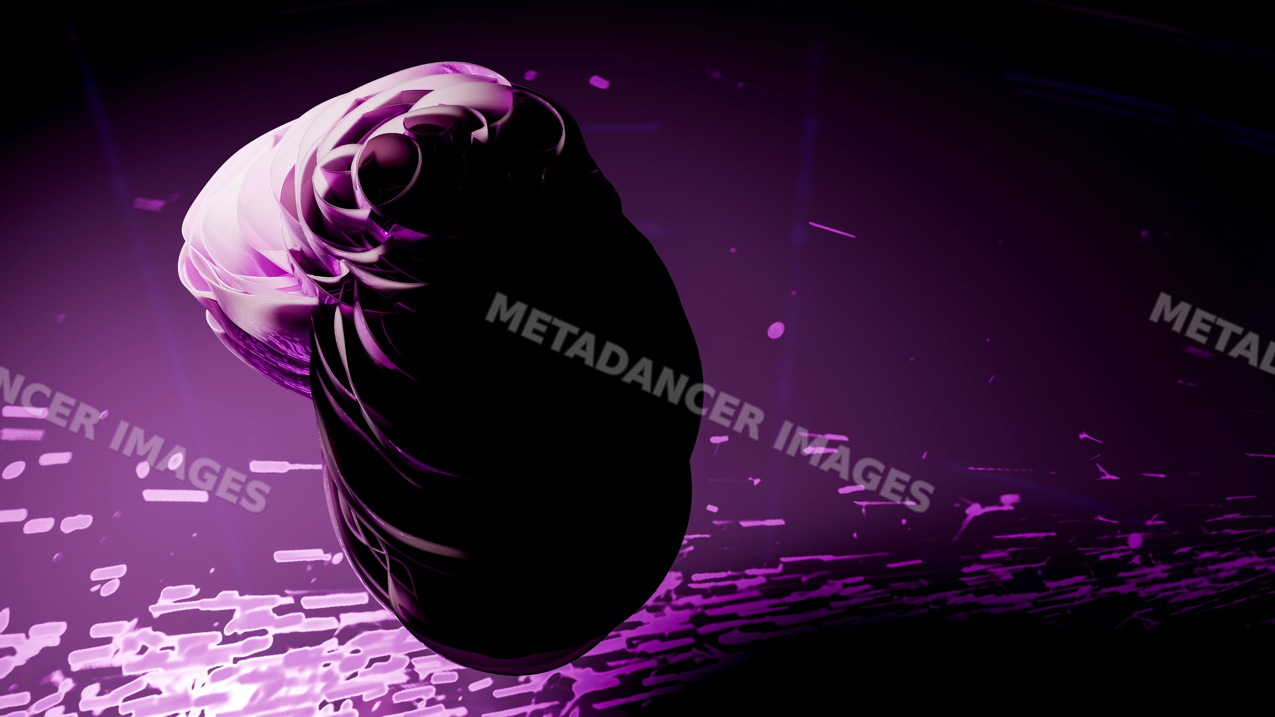 Digital abstract floating shape glowing purple on dark background