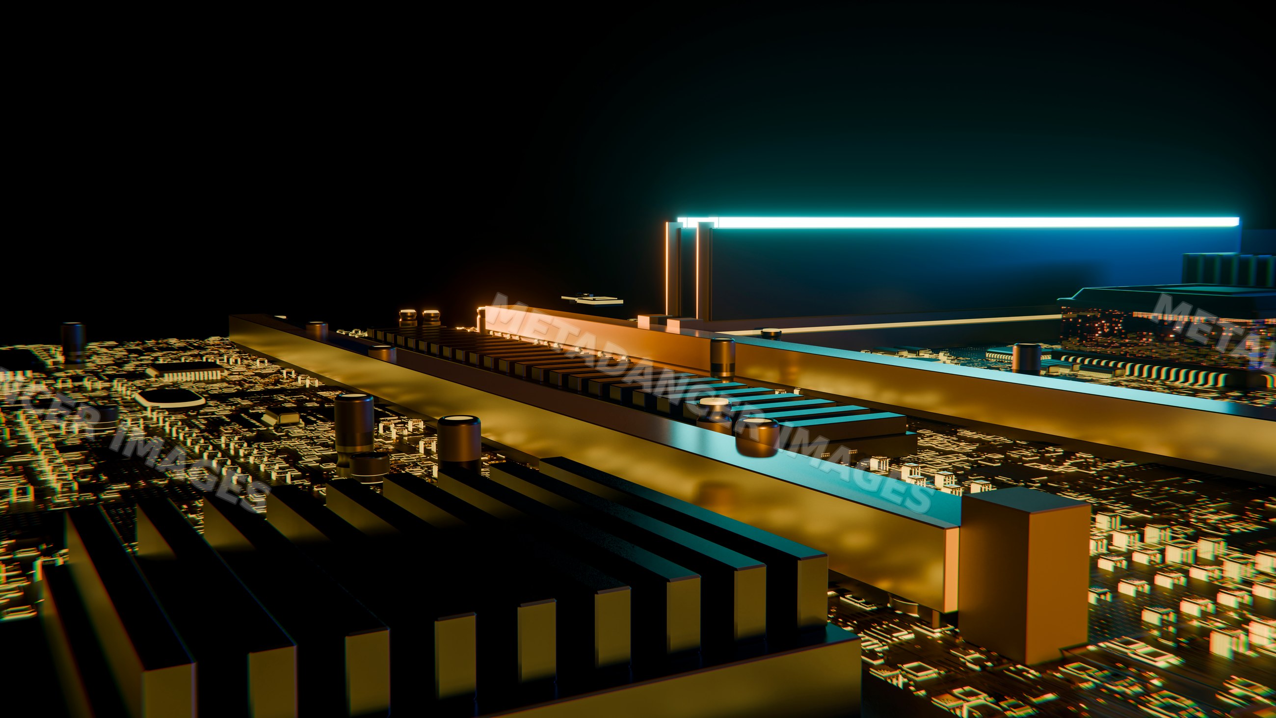 Close-up cgi of computer circuit board with glowing electronic