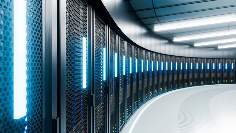 Curved server racks with led lights in modern data center