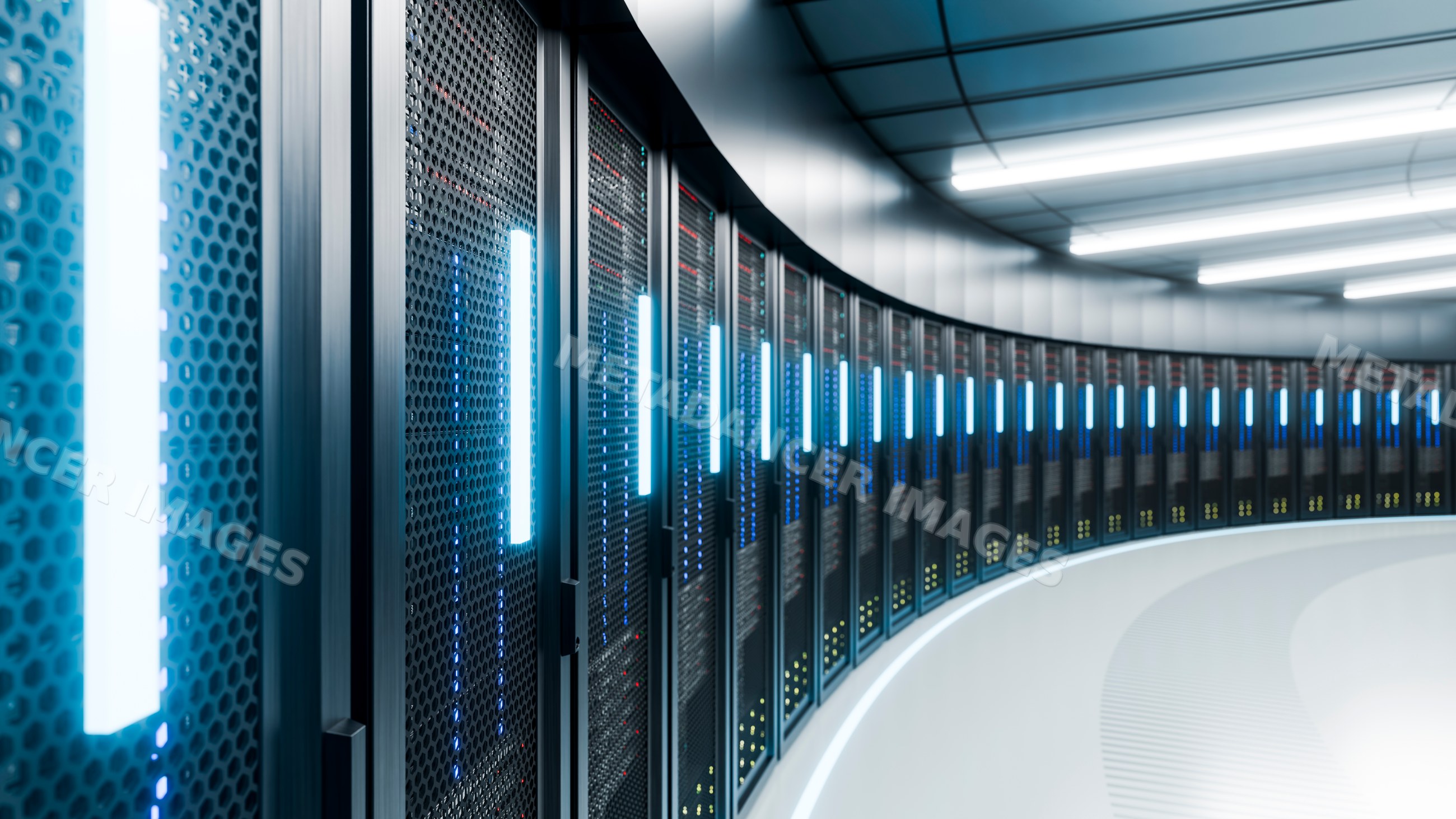 Curved server racks with led lights in modern data center
