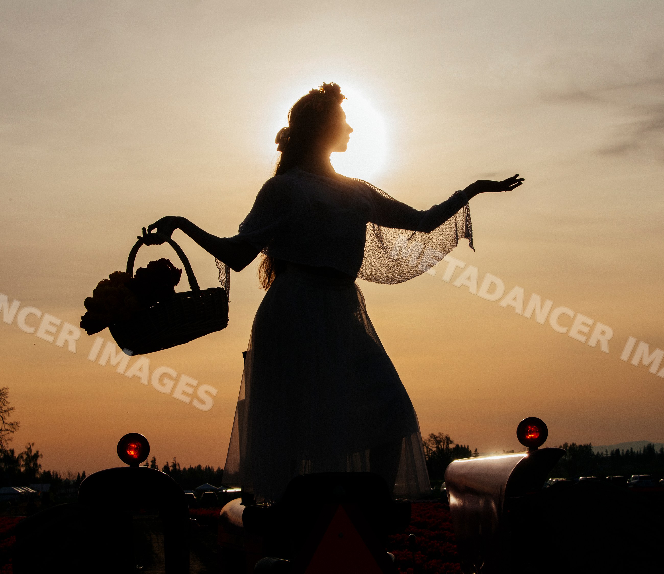 Silhouette of white woman holding flower basket