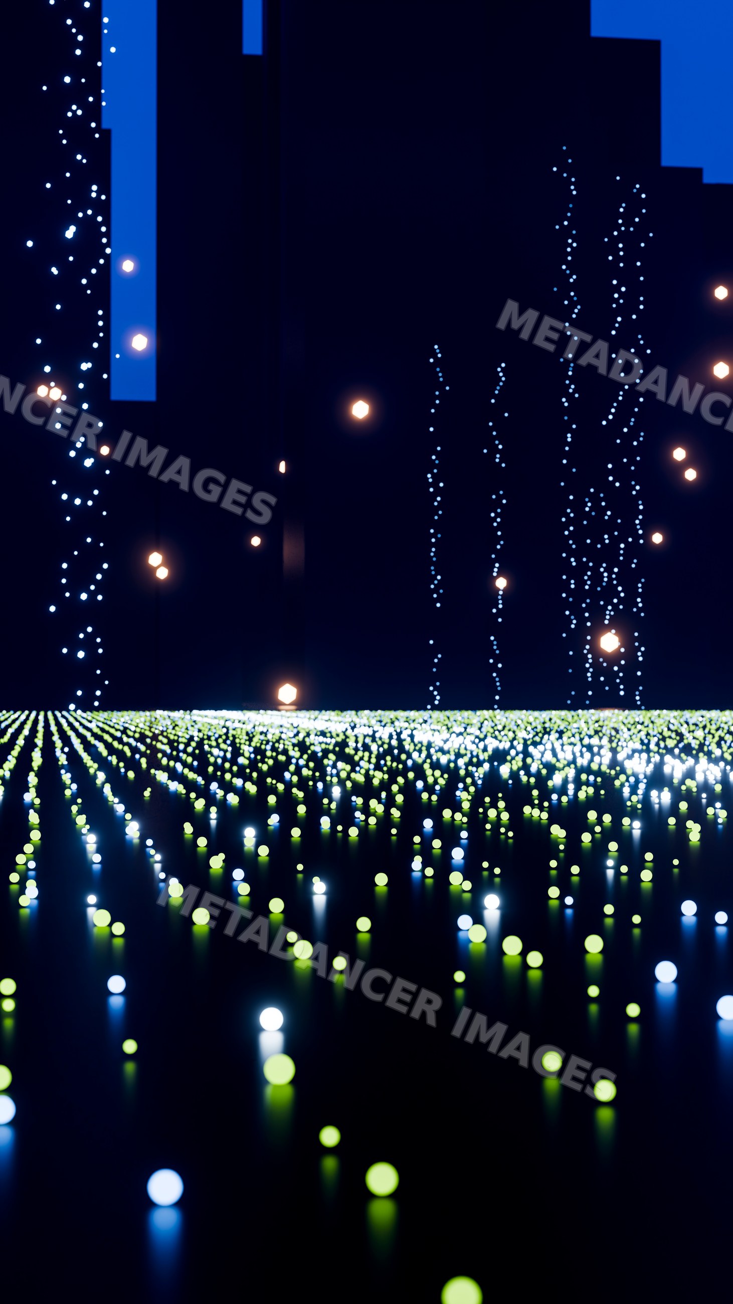 Digital glowing sphere light installation in dark room