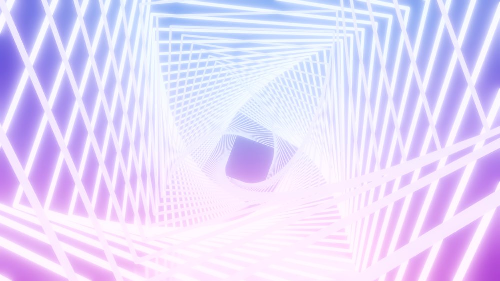 Abstract glowing geometric digital tunnel with purple and pink lights