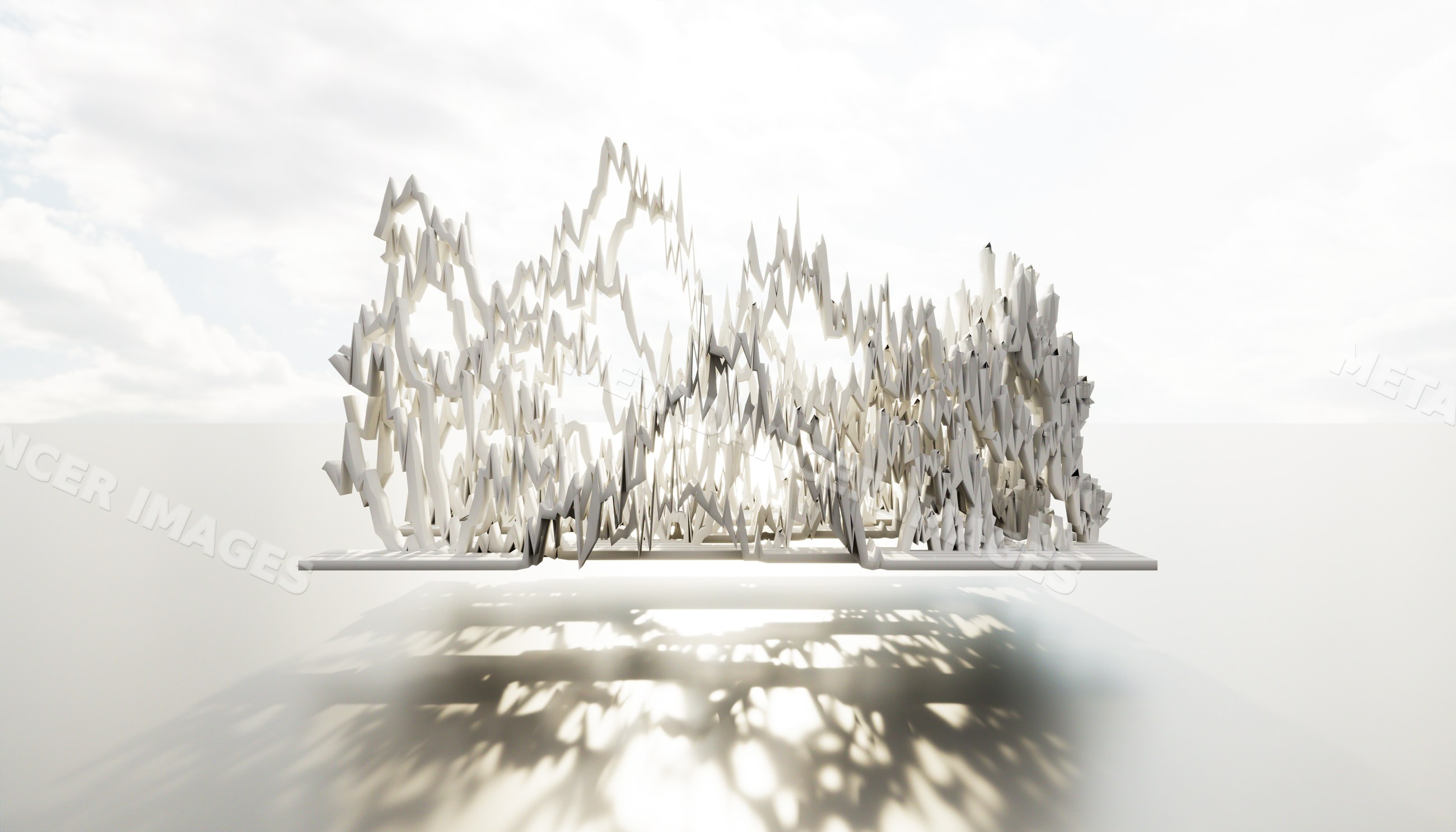 Abstract white geometric sculpture casting intricate shadows