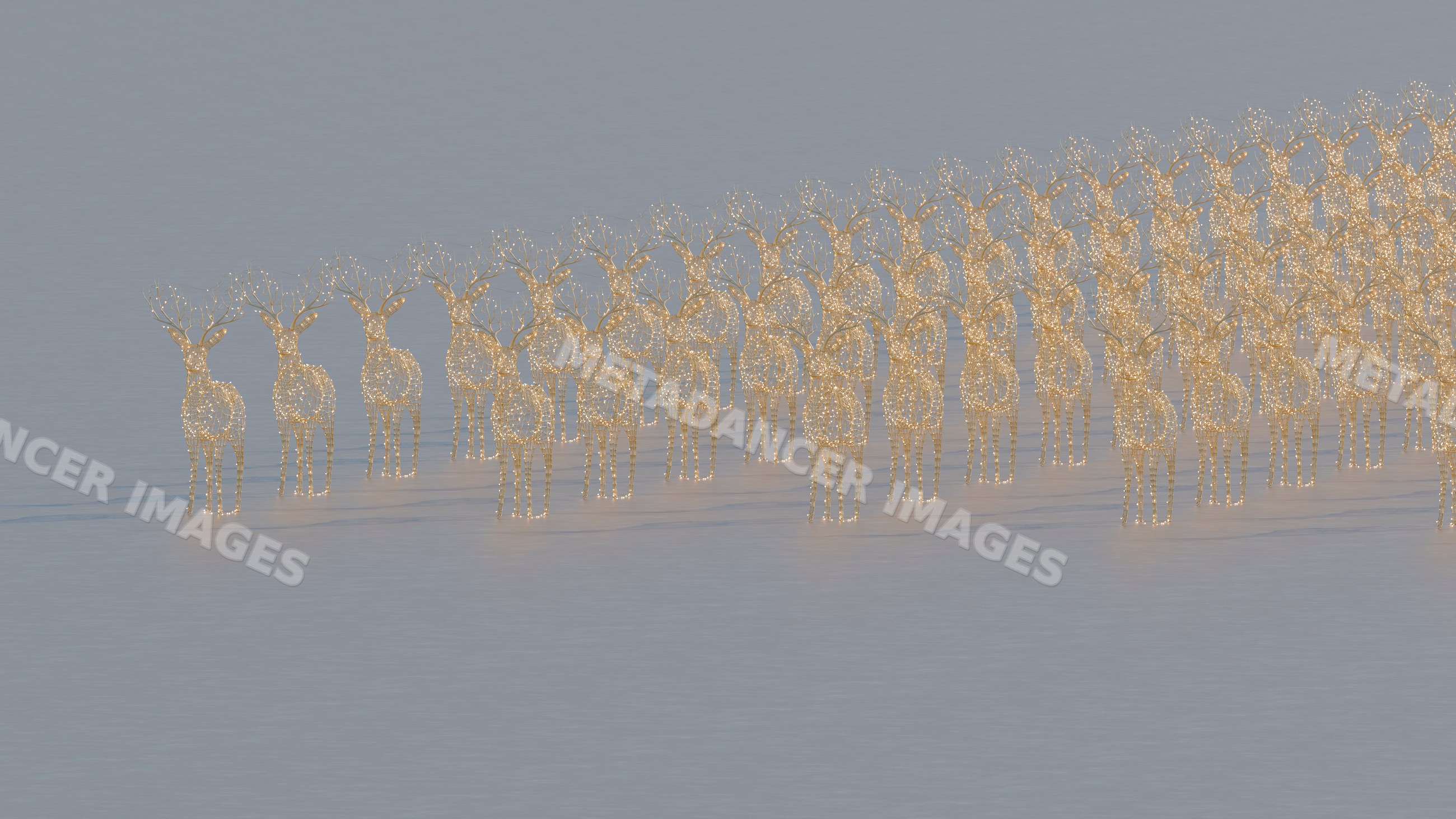 Group of illuminated reindeer wireframe sculptures in winter display