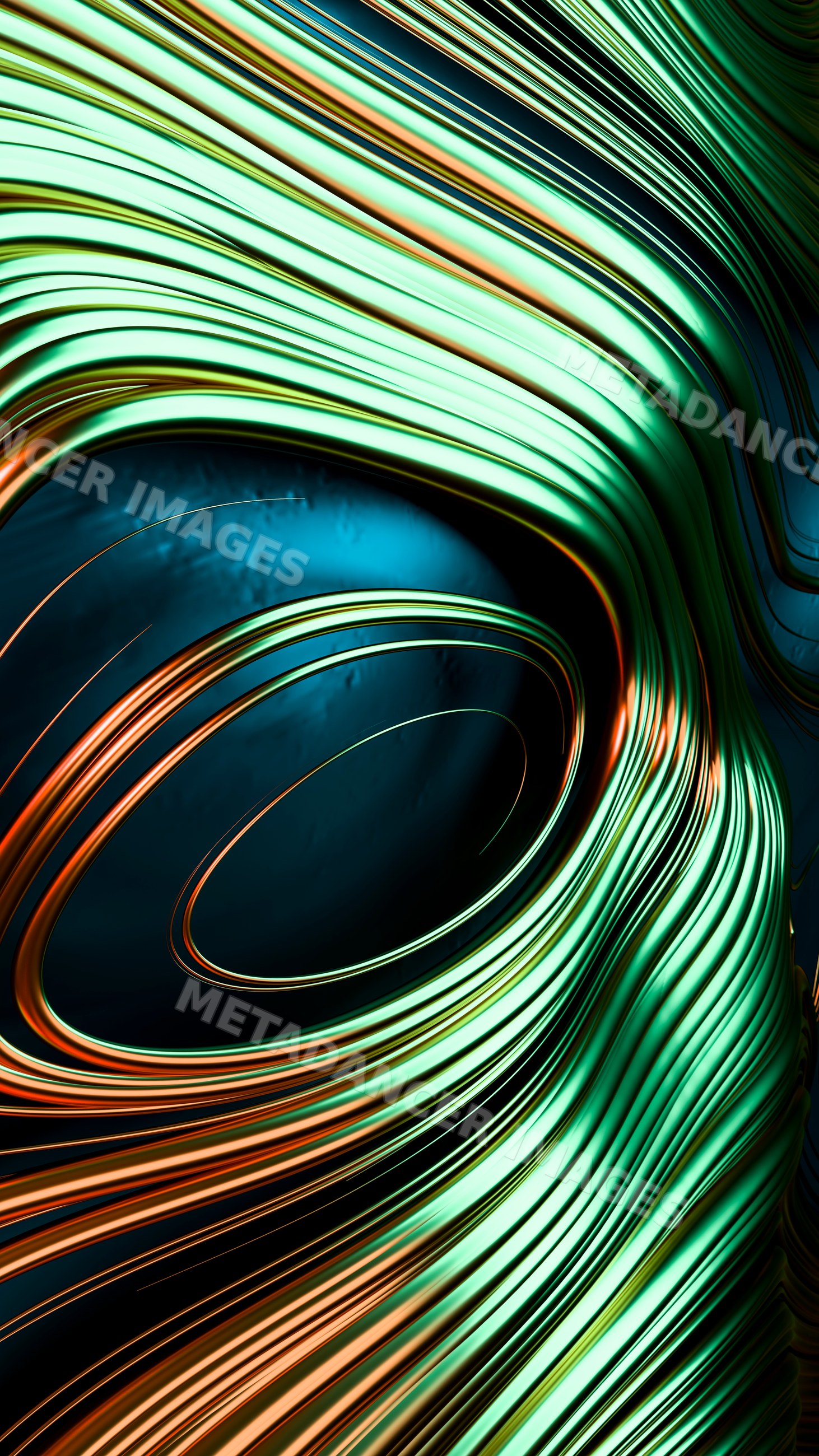 Abstract flowing metallic lines in green and orange tones
