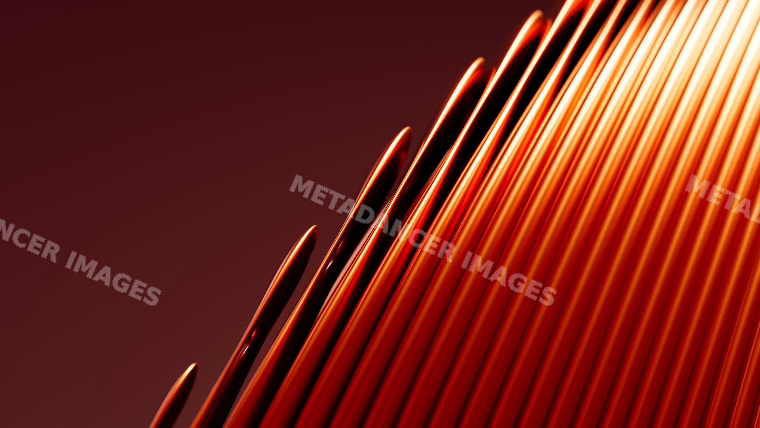 Abstract 3d rendering of diagonal red rods with orange highlights