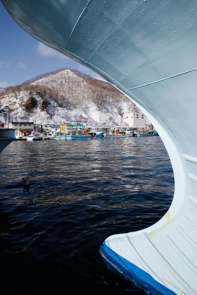 Harbor with fishing boats and snowy mountain, japan