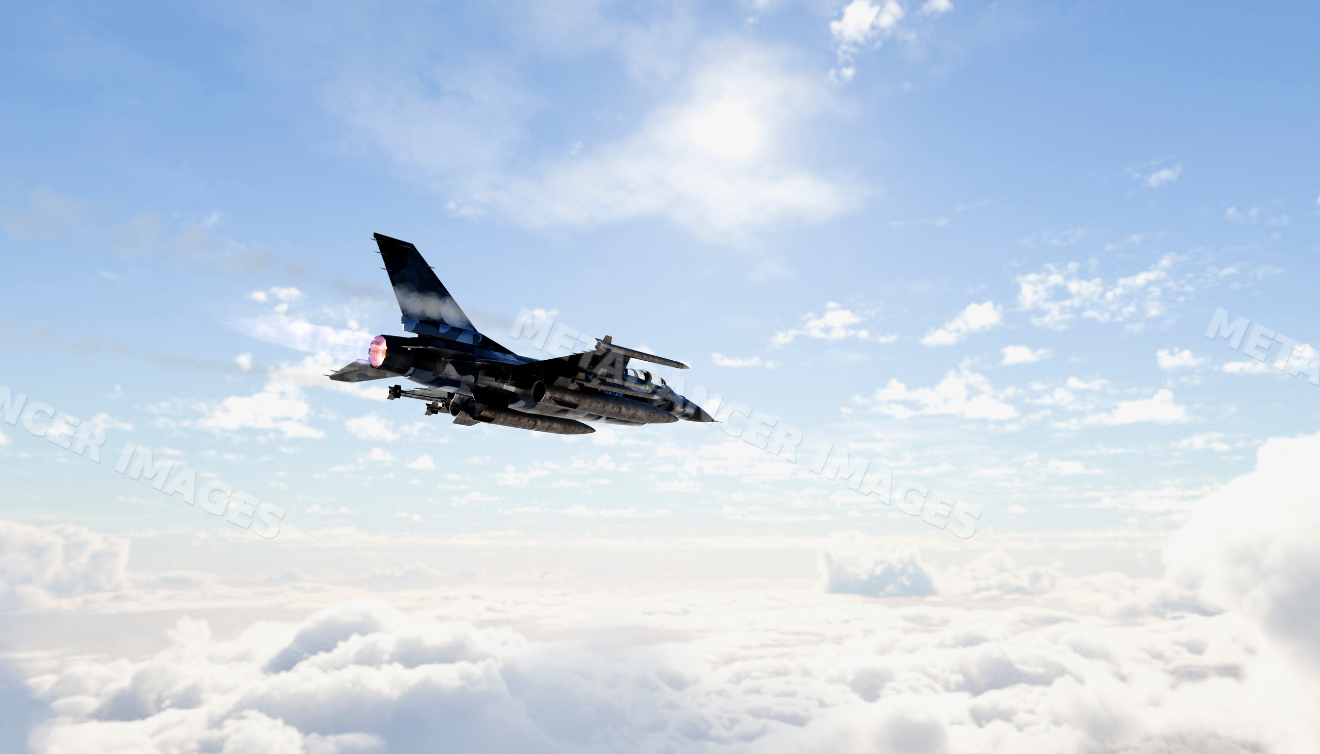 A military fighter jet flying high above clouds in a clear blue sky