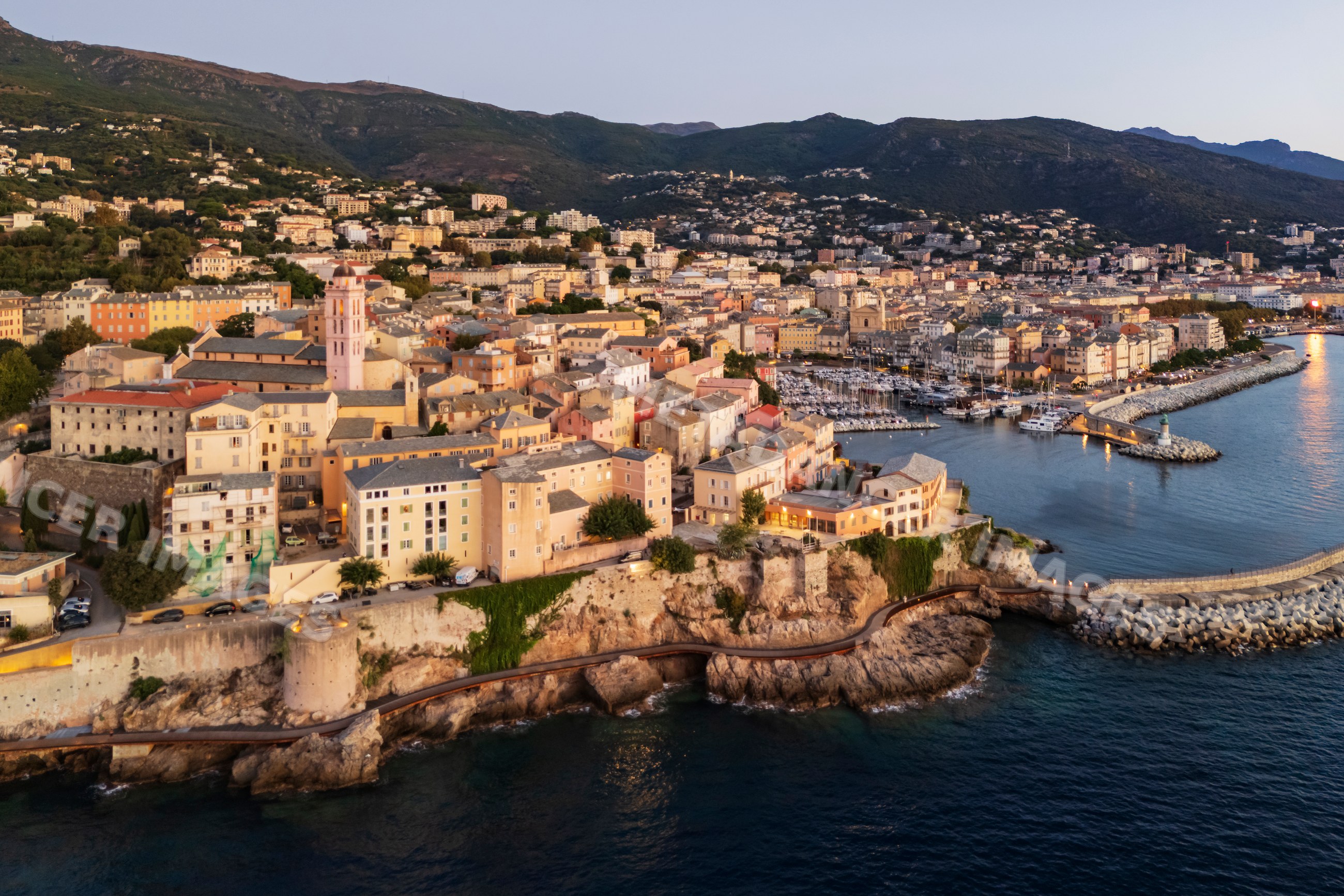 Bastia coastal harbor cityscape at Dawn on corsica island