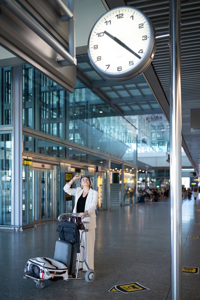 White woman traveler with luggage trolley waiting at airport terminal