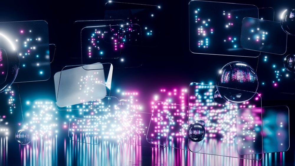 Digital floating screens with glowing neon lights