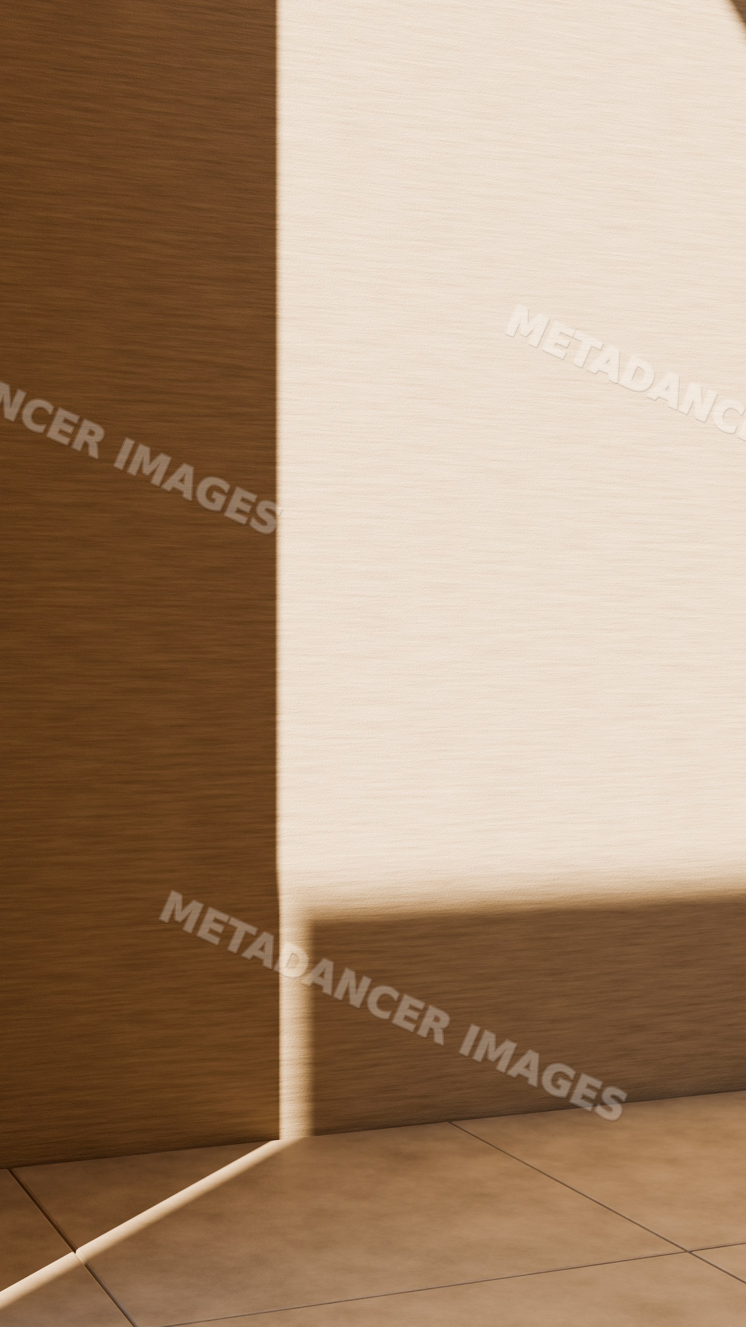 Sunlight casting geometric shadows on textured beige and brown wall