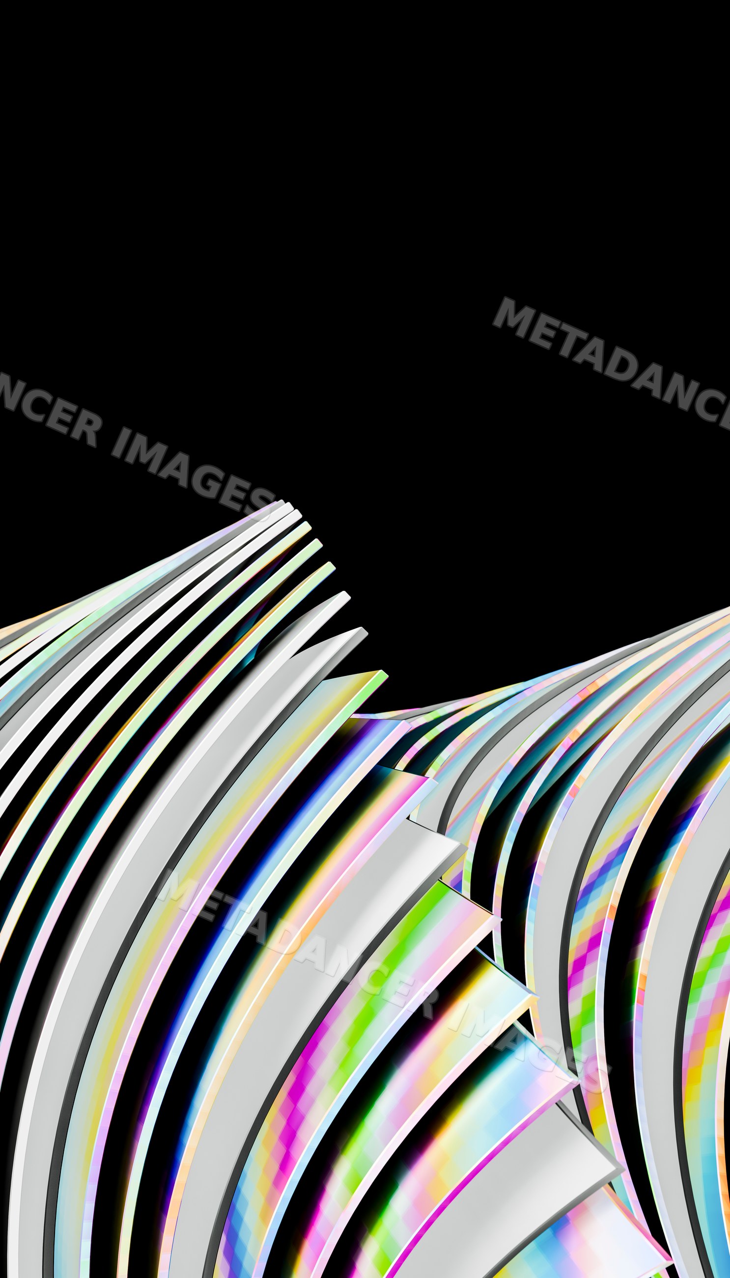 Curved white strips with iridescent colors create an abstract flowing