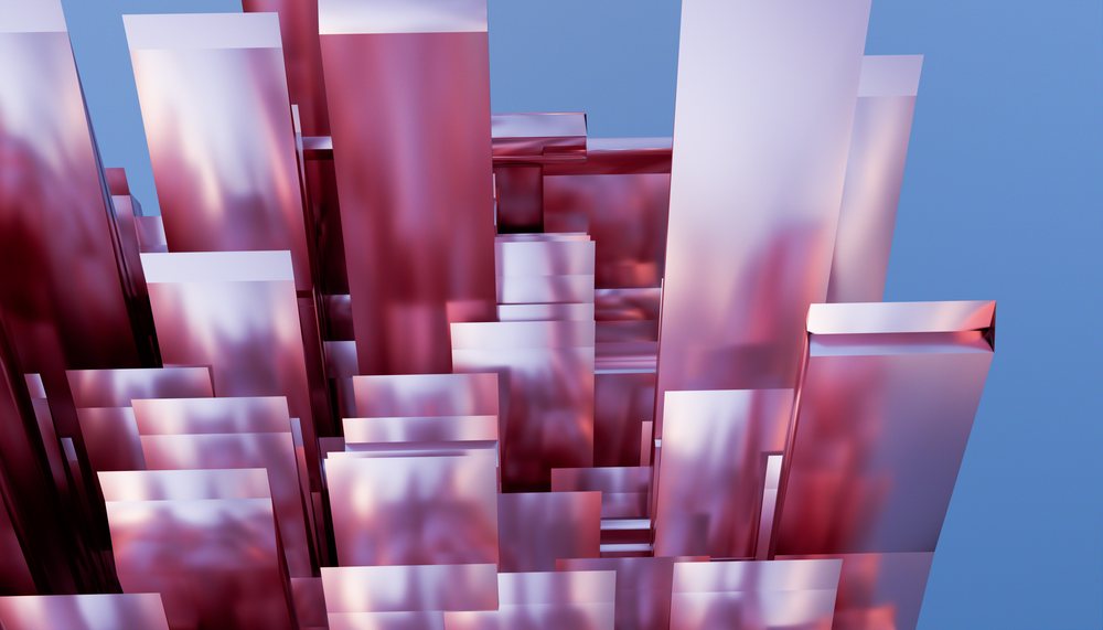 Abstract shiny purple metallic blocks stacked in a 3d rendering