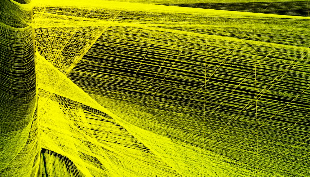 Yellow thread installation showcasing an intricate abstract web