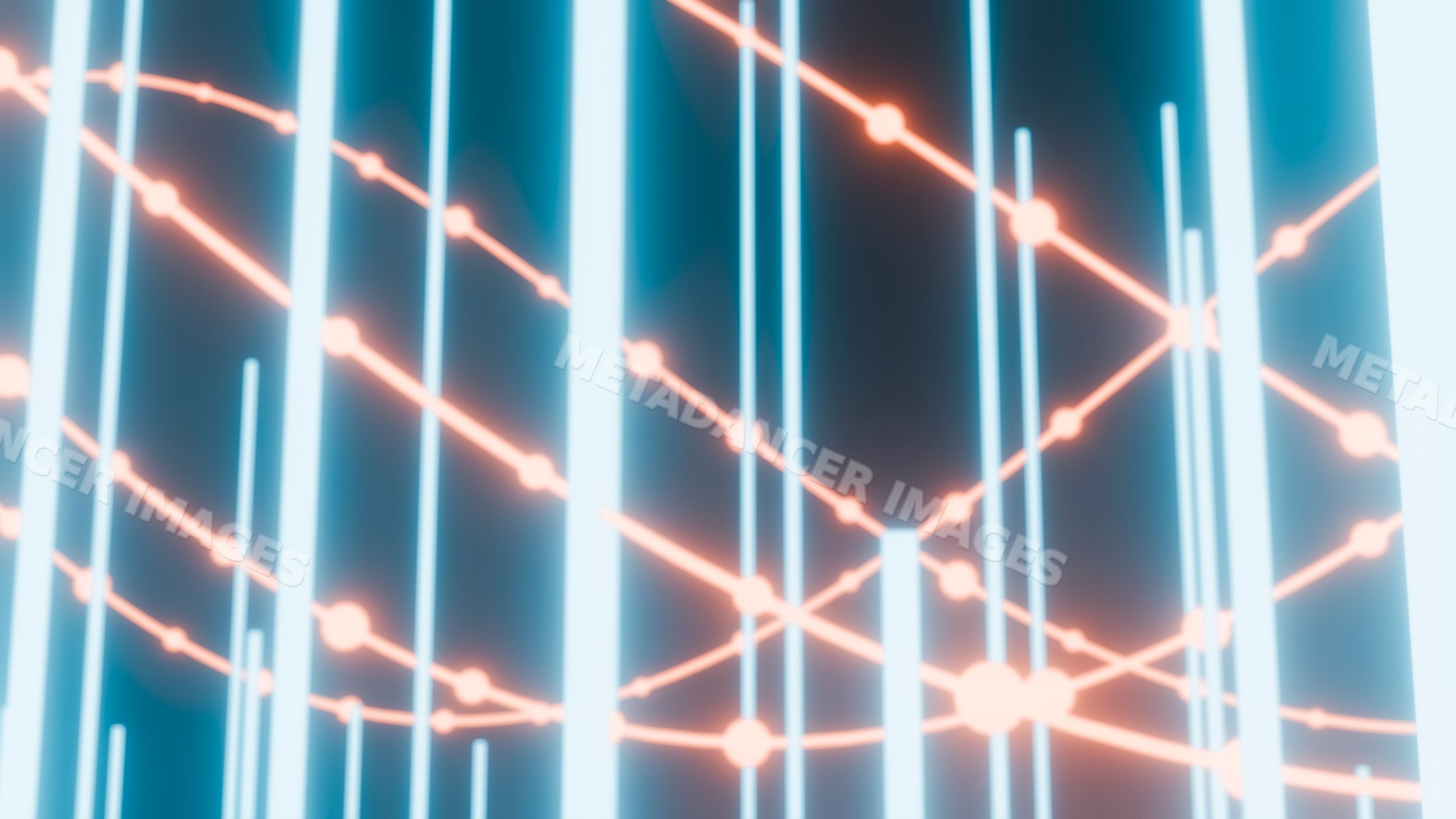 Futuristic abstract digital network with glowing nodes and light bars