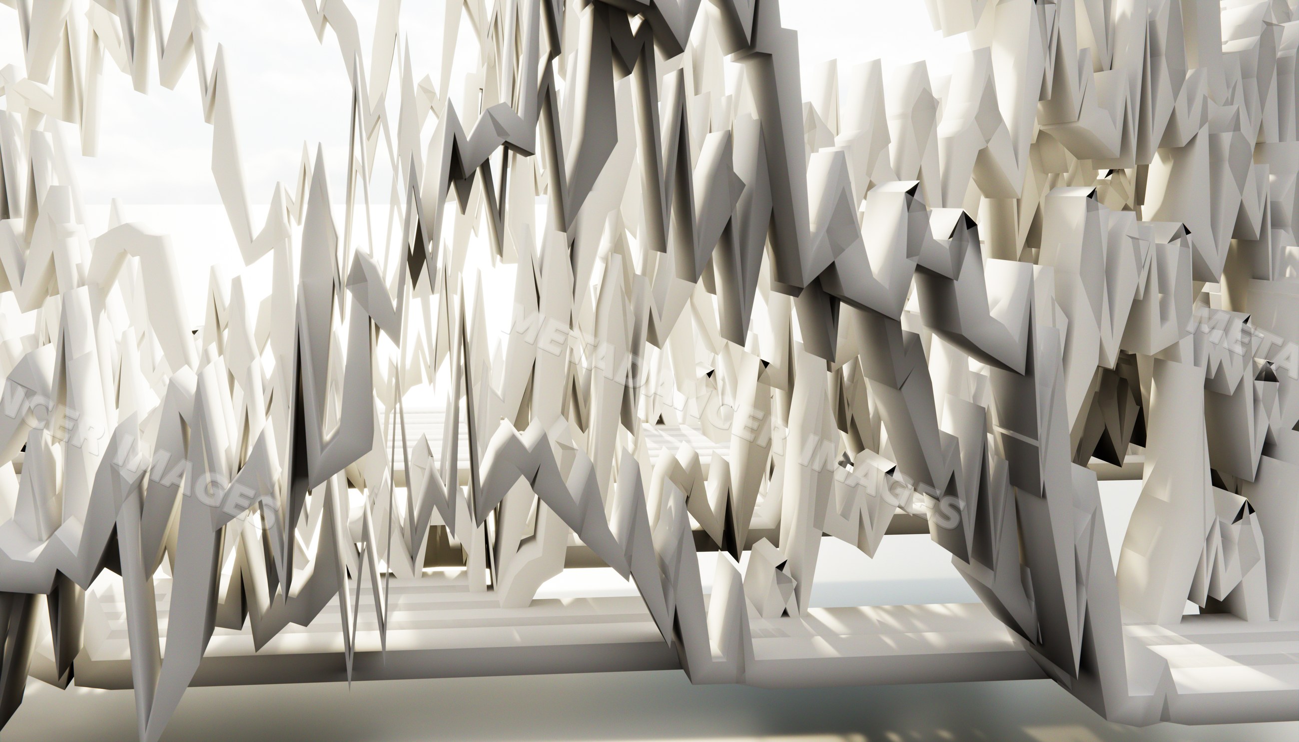 An intricate white abstract sculpture with geometric shapes