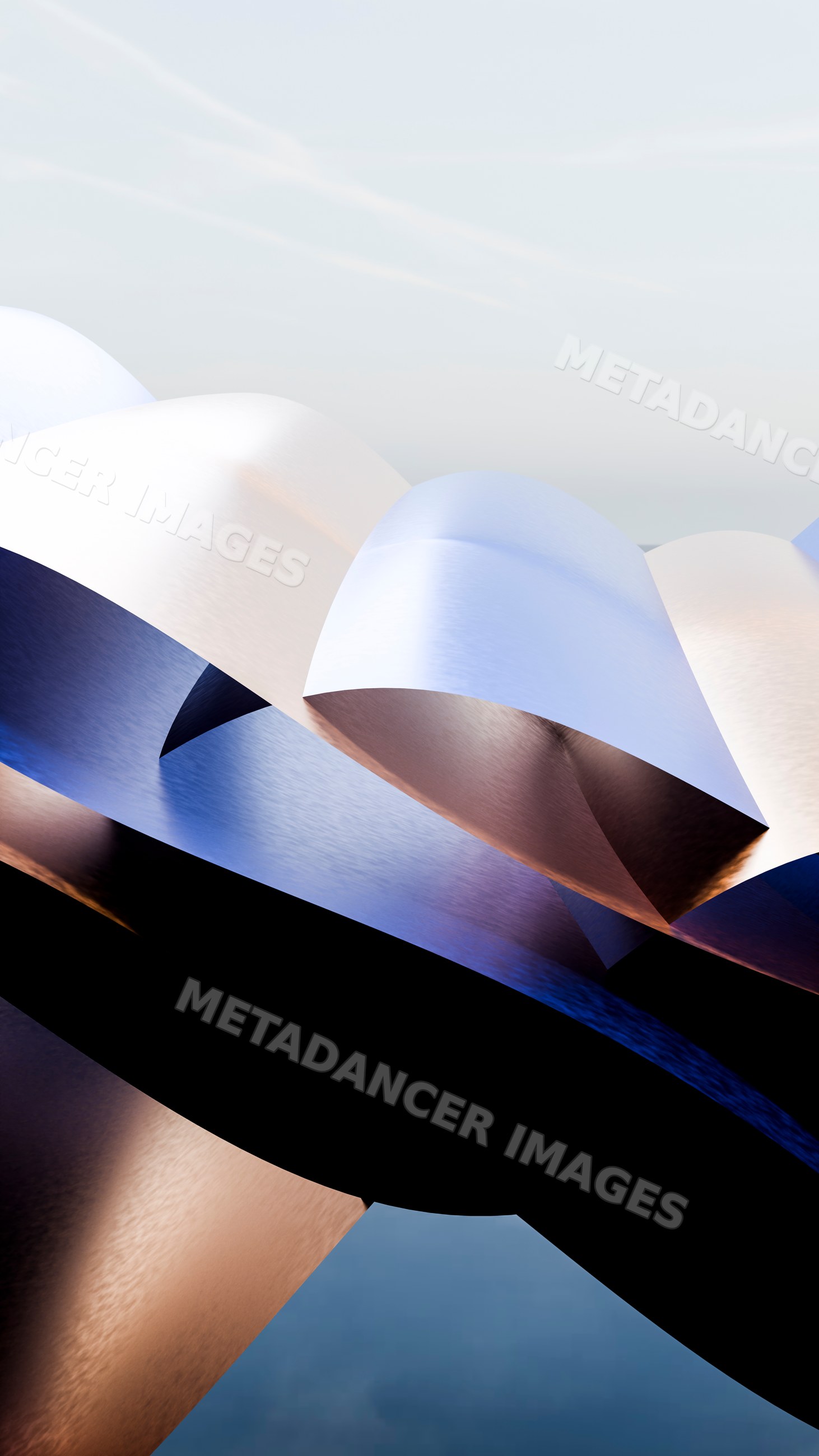 Abstract metallic sculpture with curved folded shapes and reflections