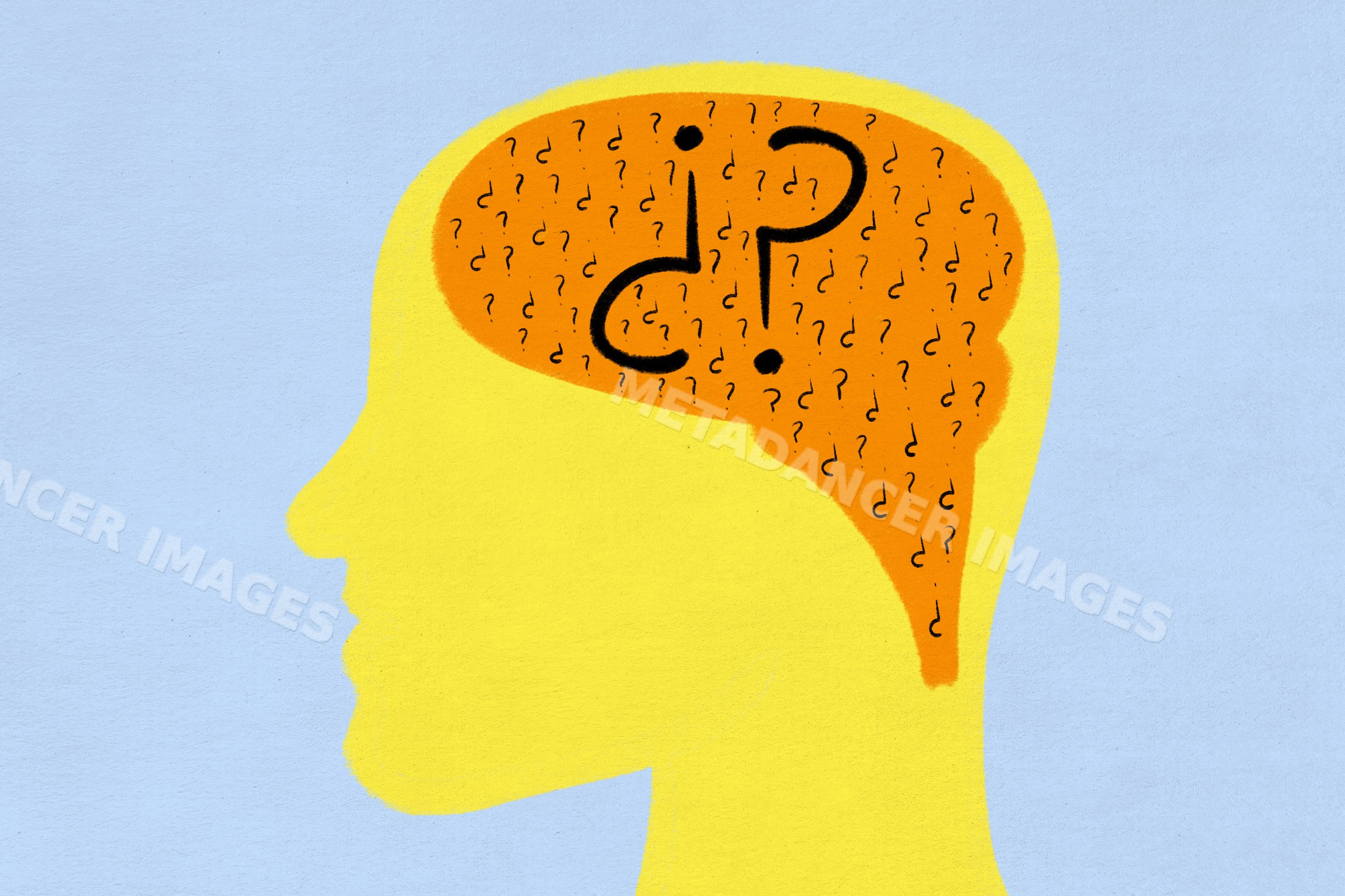 Illustration of a human head silhouette with question marks