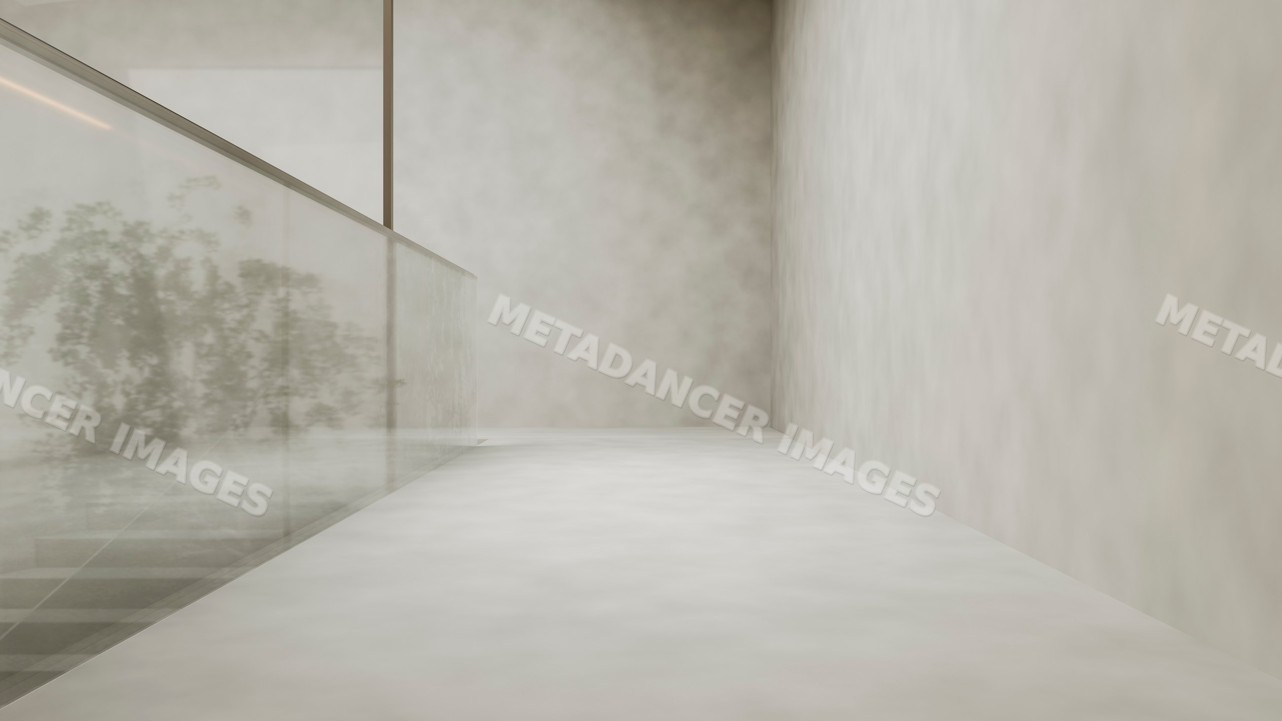 Empty modern corridor with glass railing and concrete walls