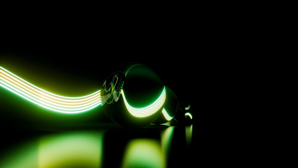 Glowing neon lines and glass spheres in abstract digital art